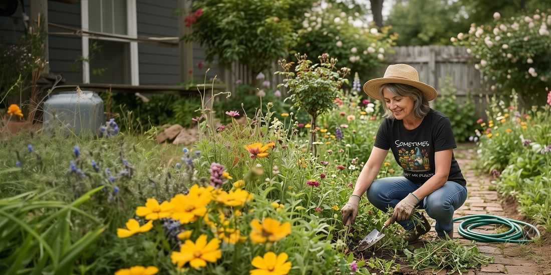 Middle aged woman kneeling in her garden as she weeds