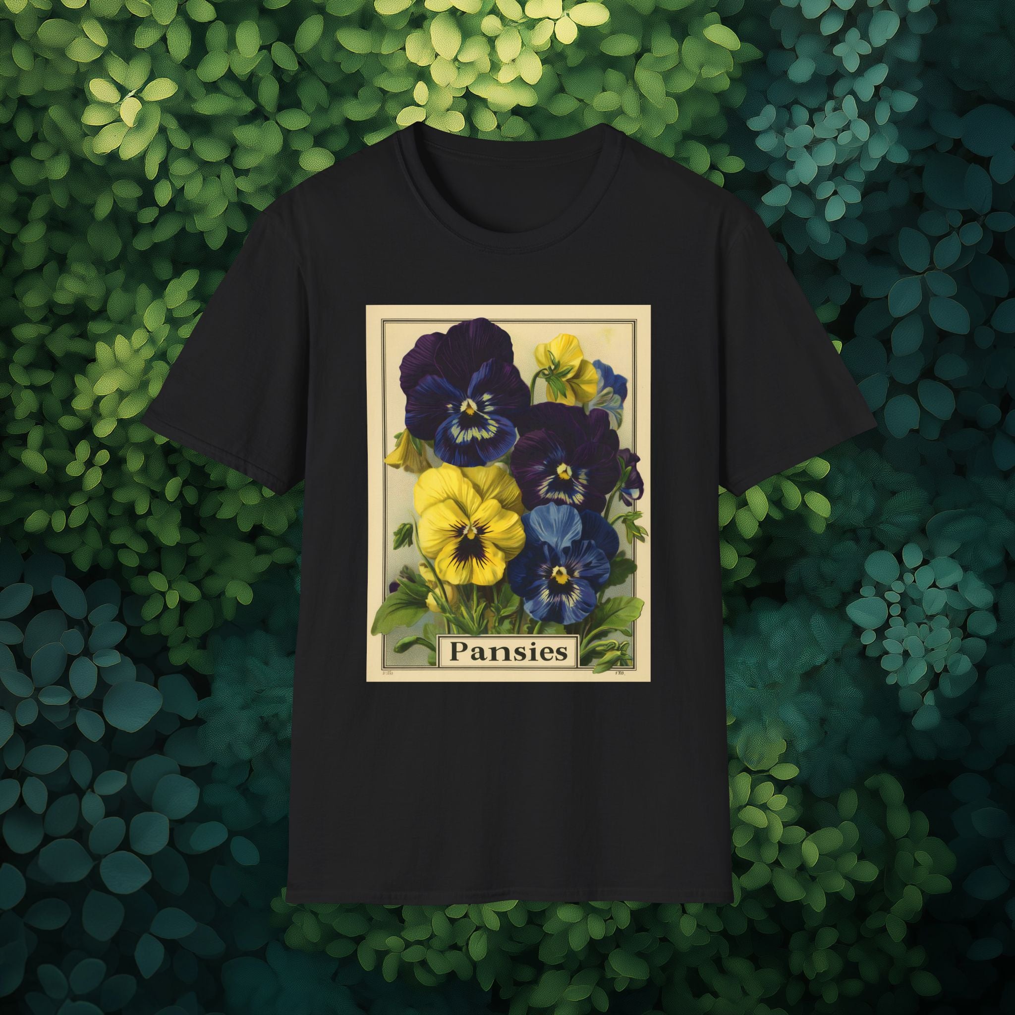 Vintage Pansies Seed Packet Unisex T-Shirt for Gardeners, Nature Lovers, Summer Casual Wear