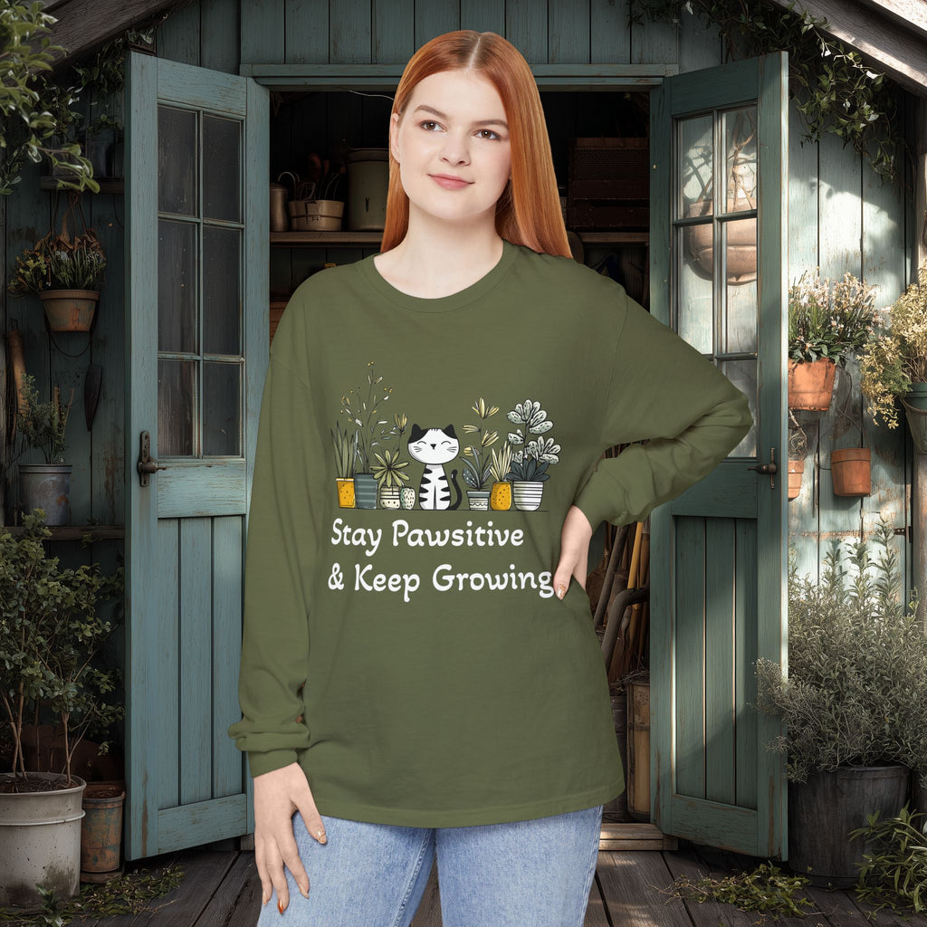 Stay Pawsitive & Keep Growing Cat Lover Long Sleeve T-Shirt