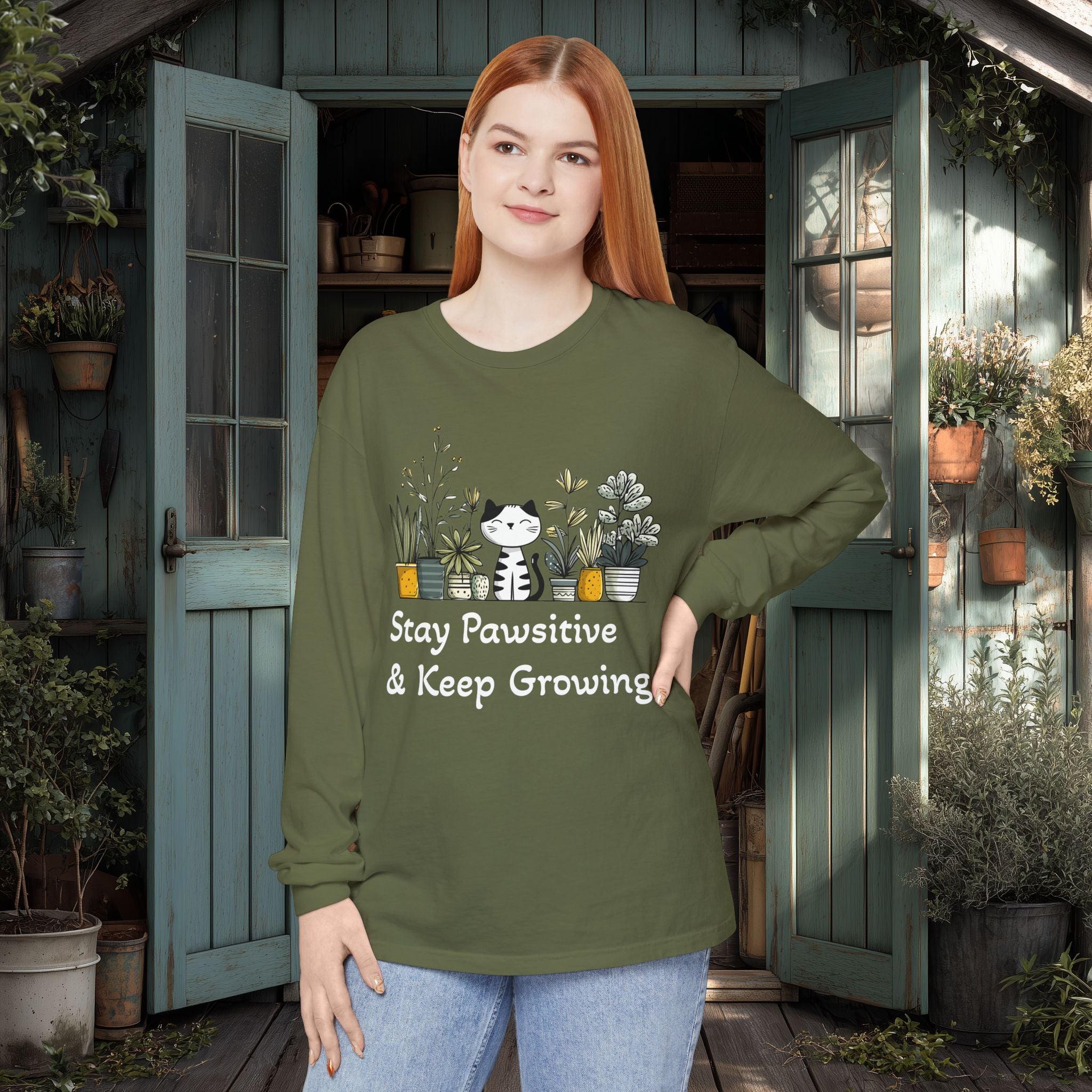 Stay Pawsitive & Keep Growing Cat Lover Long Sleeve T-Shirt