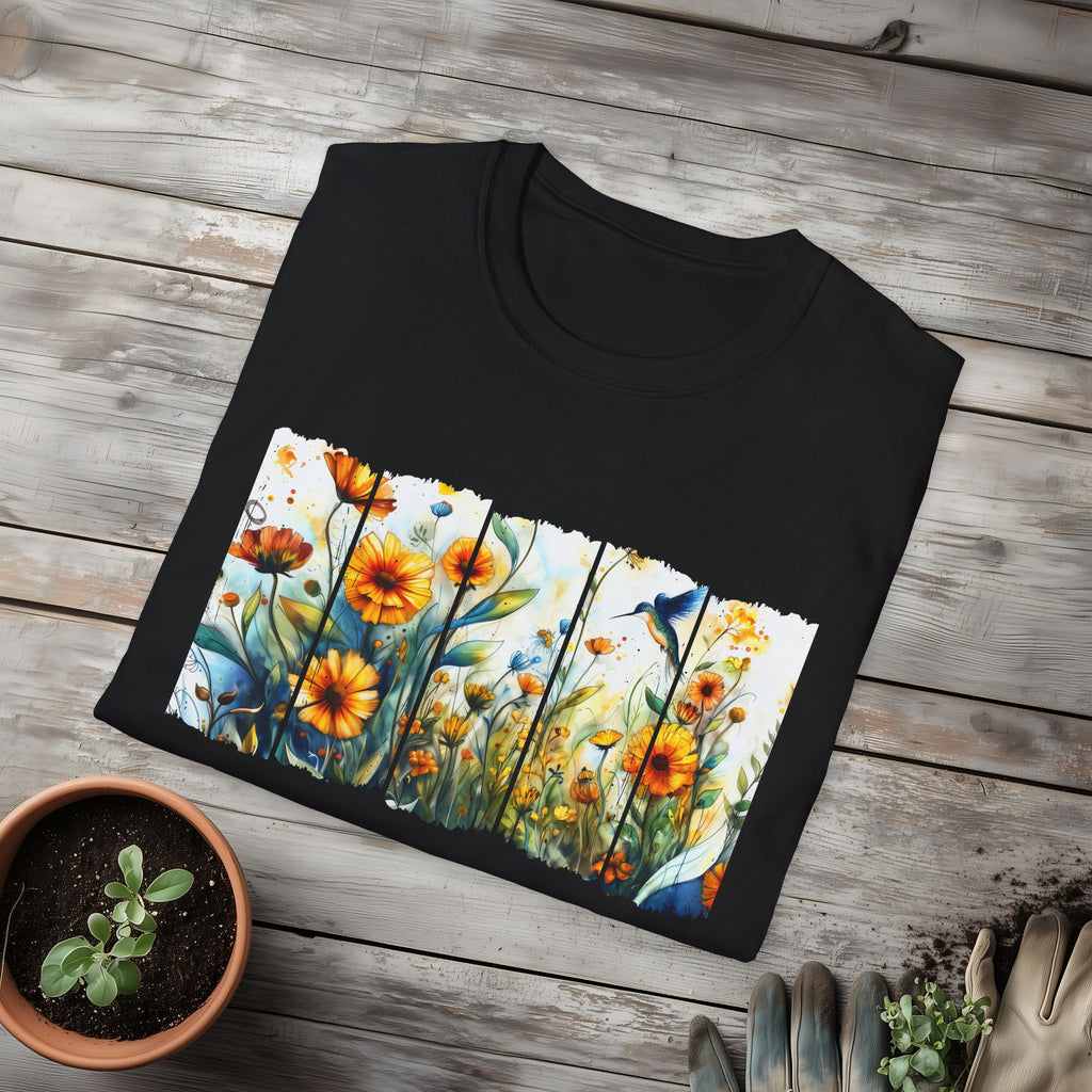 Hummingbird in Wildflowers Unisex T-Shirt for Gardeners, Nature Lovers, Bee Enthusiasts