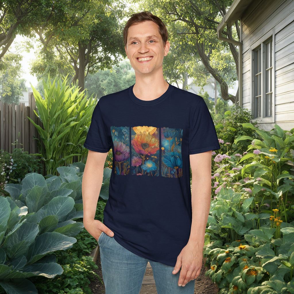 Floral  Brushstroke Triptych Unisex T-Shirt for Gardeners, Nature Lovers, Yoga Enthusiasts
