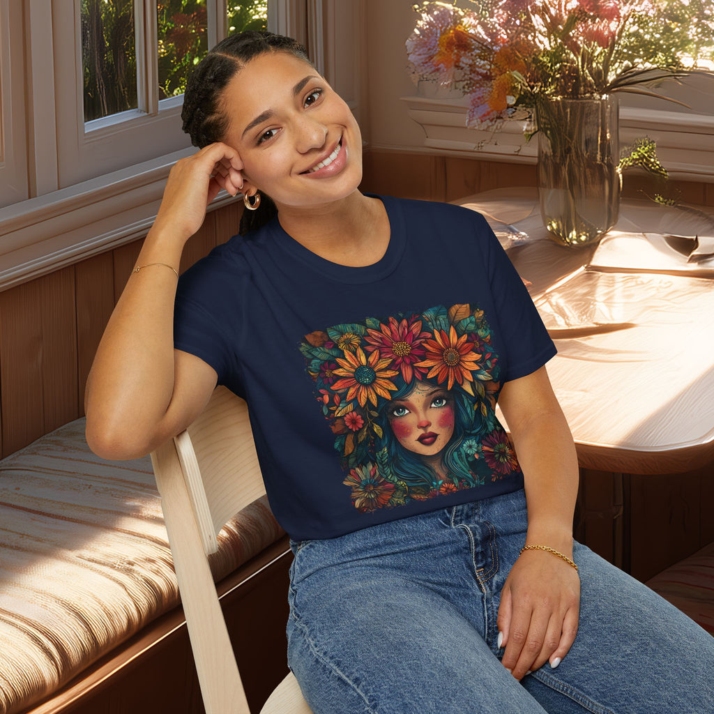 Floral Fantasy Garden Goddess T-Shirt for Plant Lovers and Gardeners