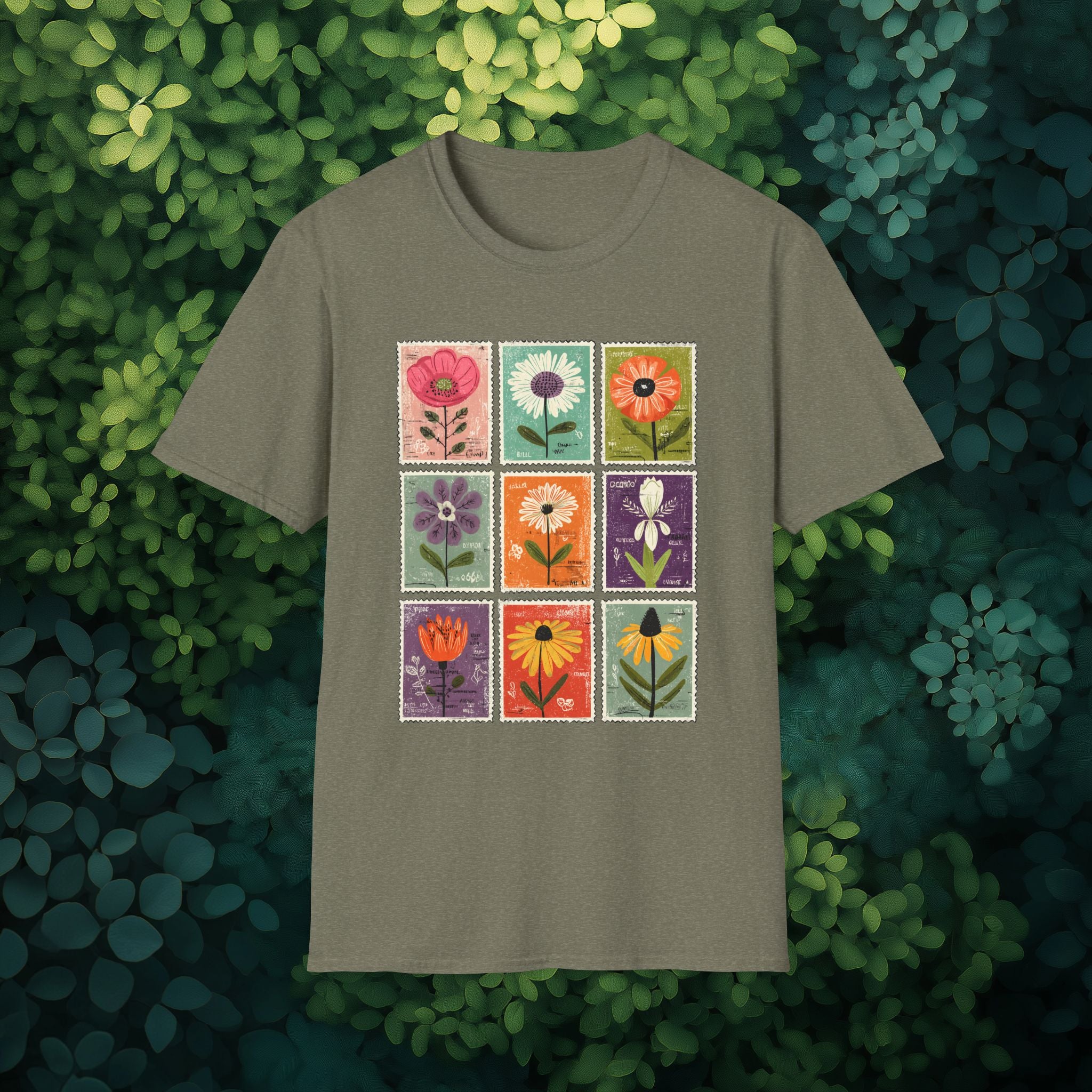 Whimsical Flower Stamp Collage T-Shirt for Gardeners
