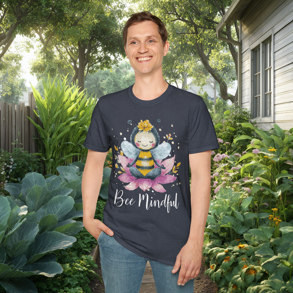 Bee Mindful Meditation Unisex T-Shirt for Gardeners, Nature Lovers, Yoga Enthusiasts