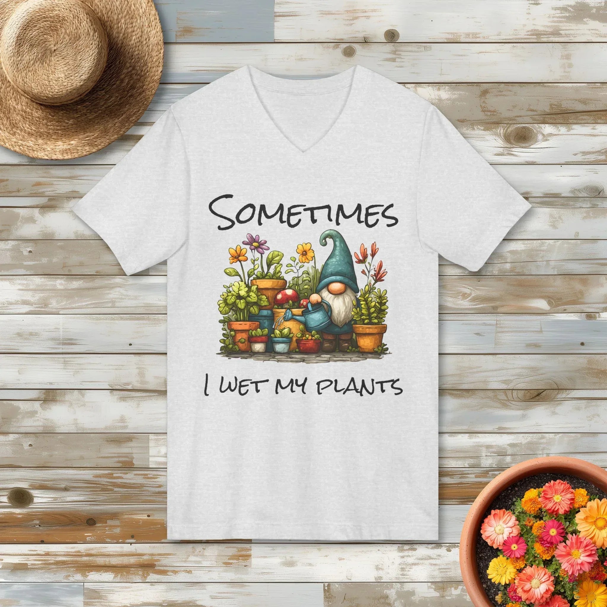 Sometimes I Wet My Plants Gnome V-Neck T-Shirt - Bee in Bloom