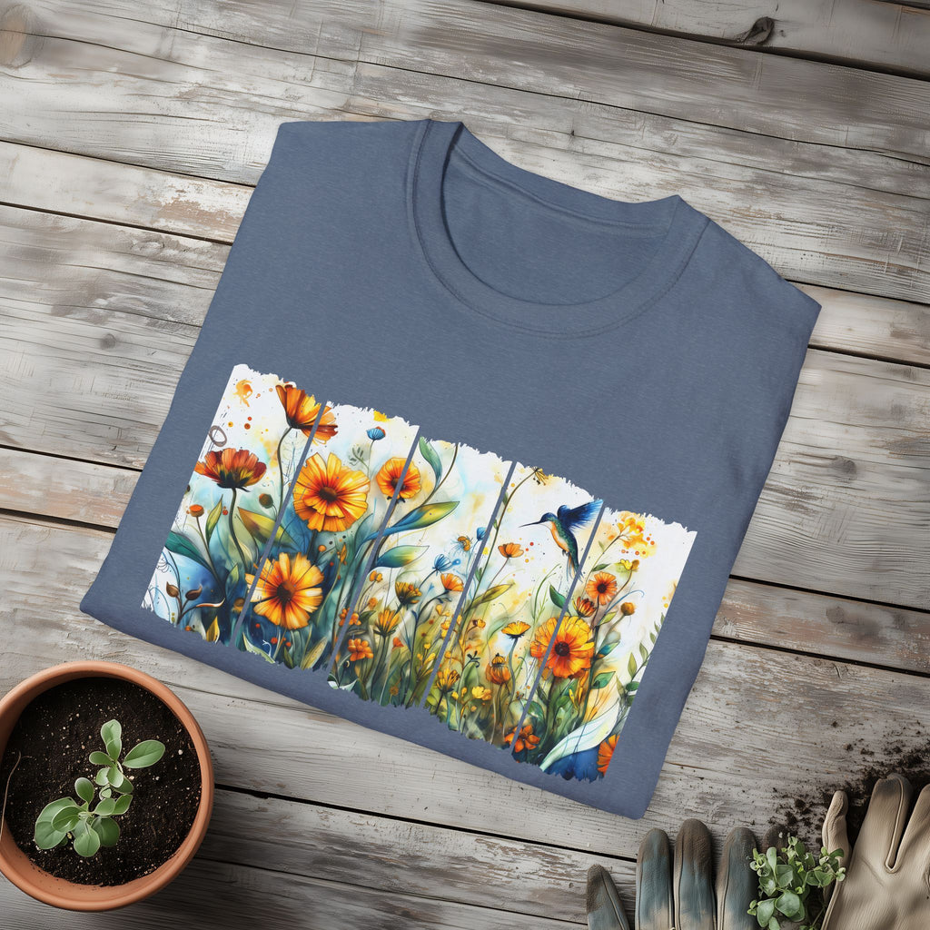 Hummingbird in Wildflowers Unisex T-Shirt for Gardeners, Nature Lovers, Bee Enthusiasts