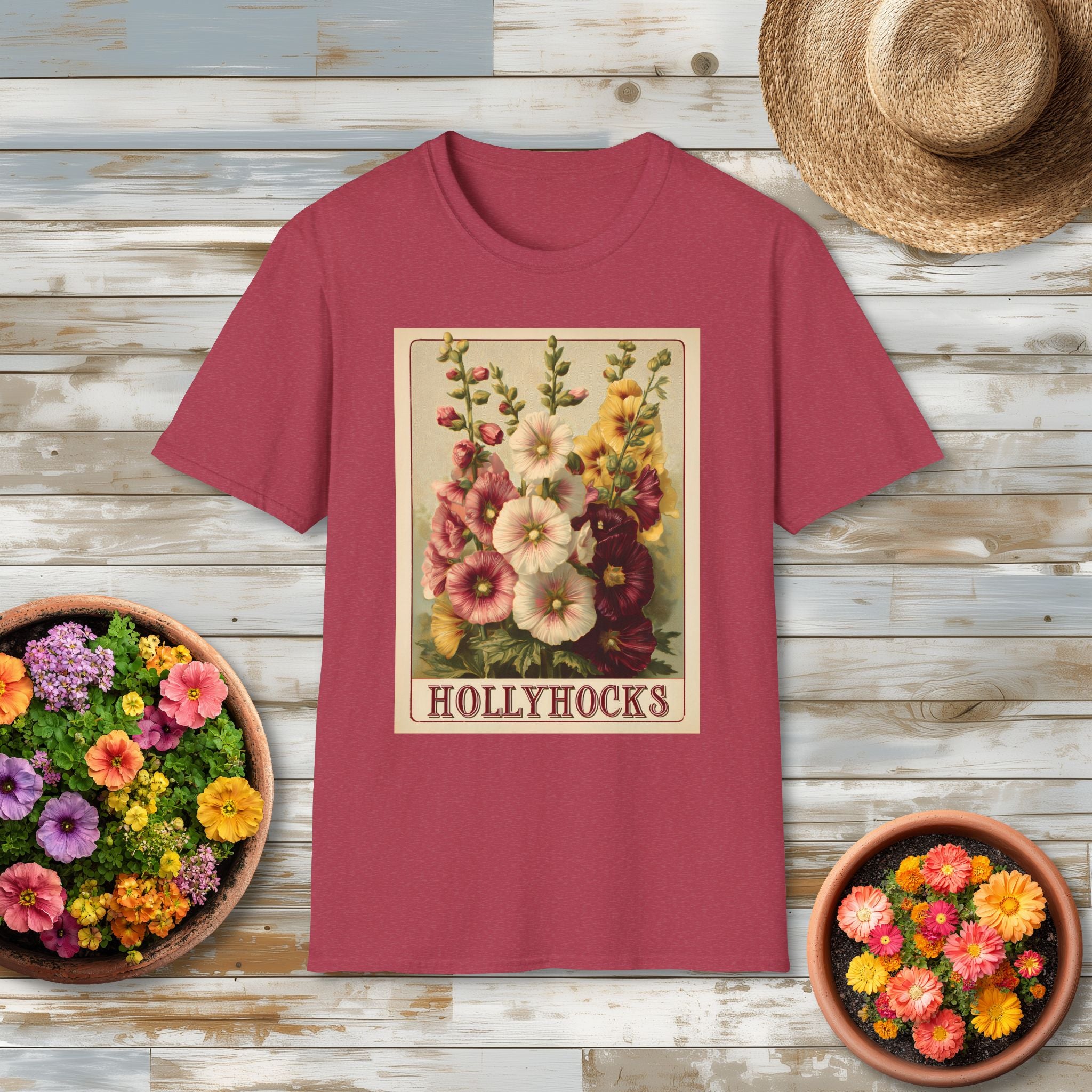 Vintage Hollyhock Seed Packet Unisex T-Shirt for Gardeners, Nature Lovers, Summer Casual Wear