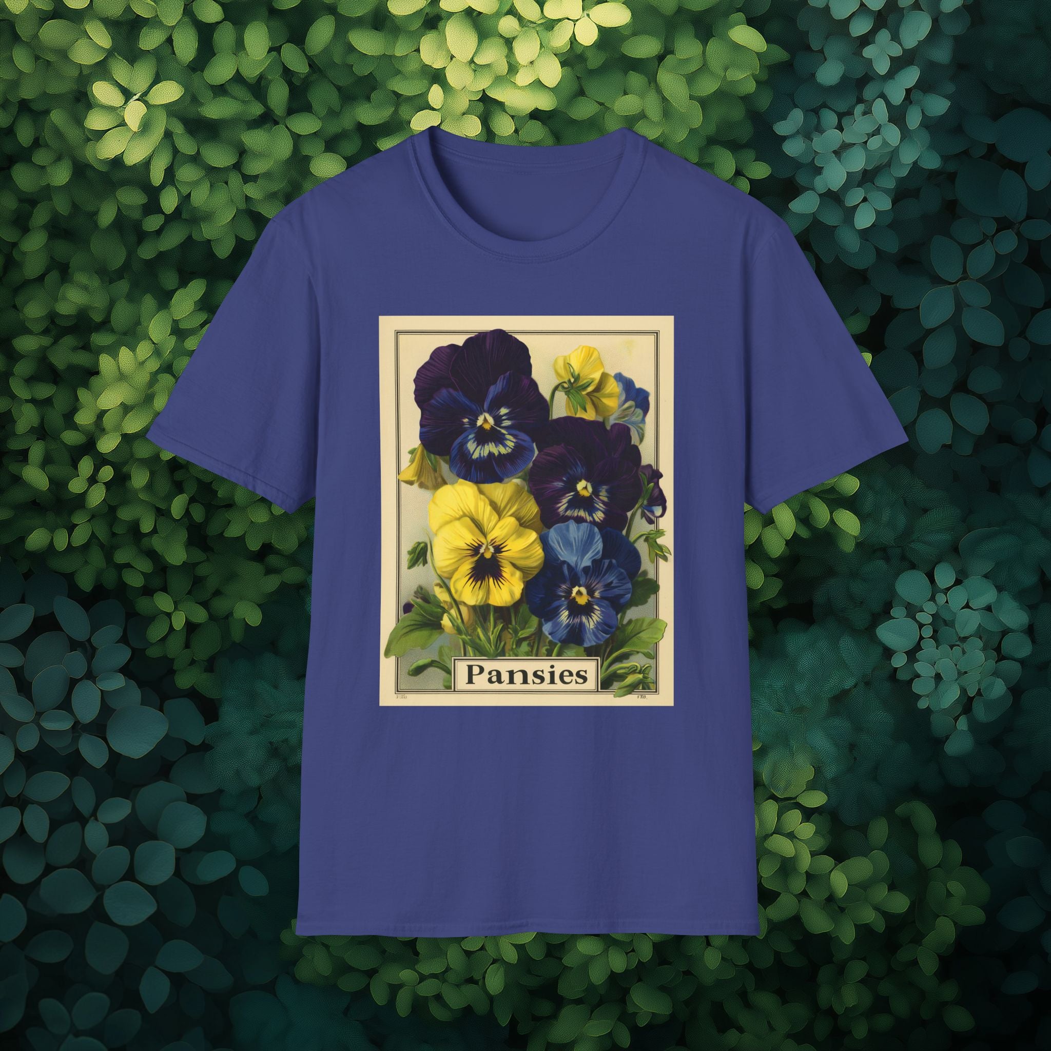 Vintage Pansies Seed Packet Unisex T-Shirt for Gardeners, Nature Lovers, Summer Casual Wear