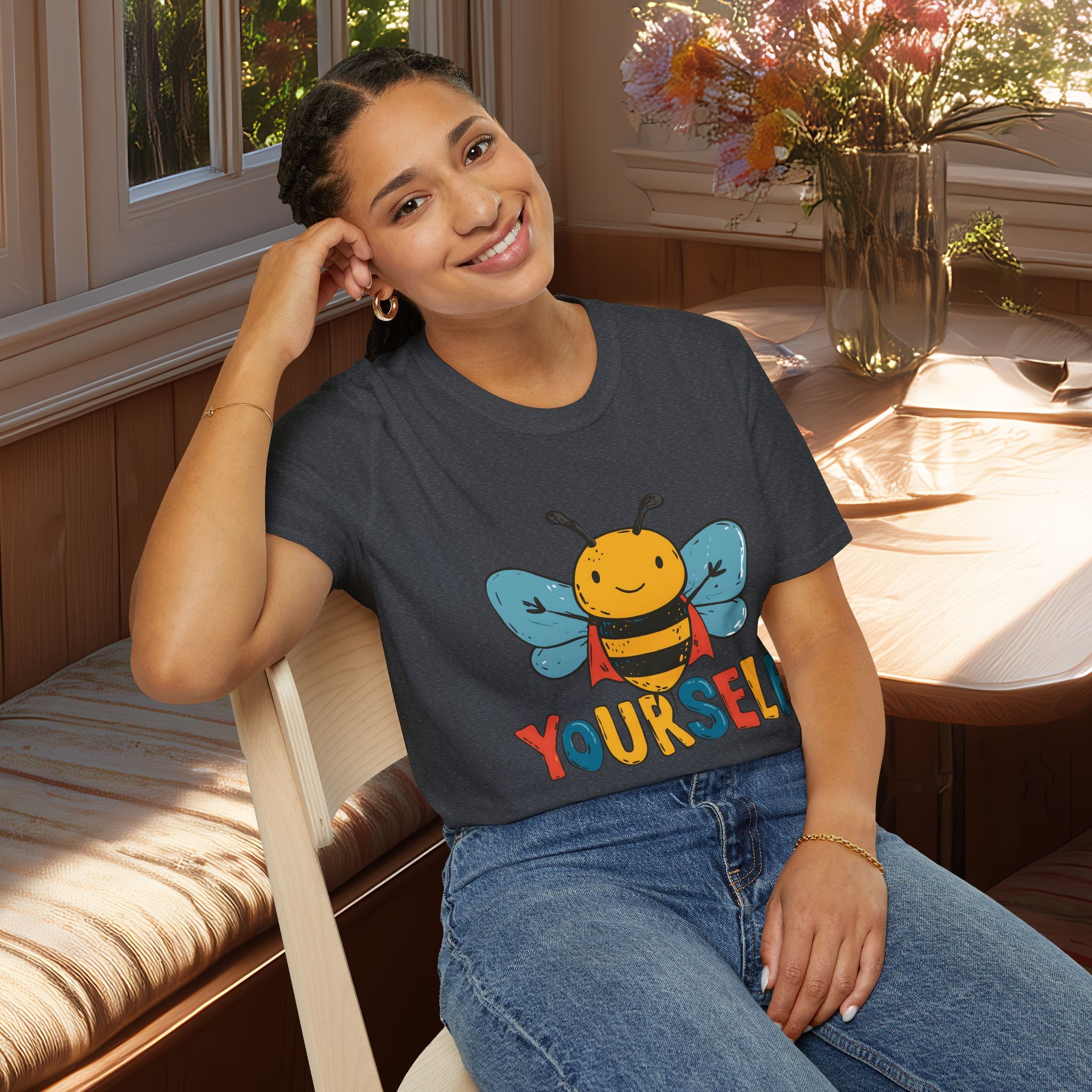 Cartoon Bee Yourself Unisex T-Shirt for Gardeners, Nature Lovers, Yoga Enthusiasts