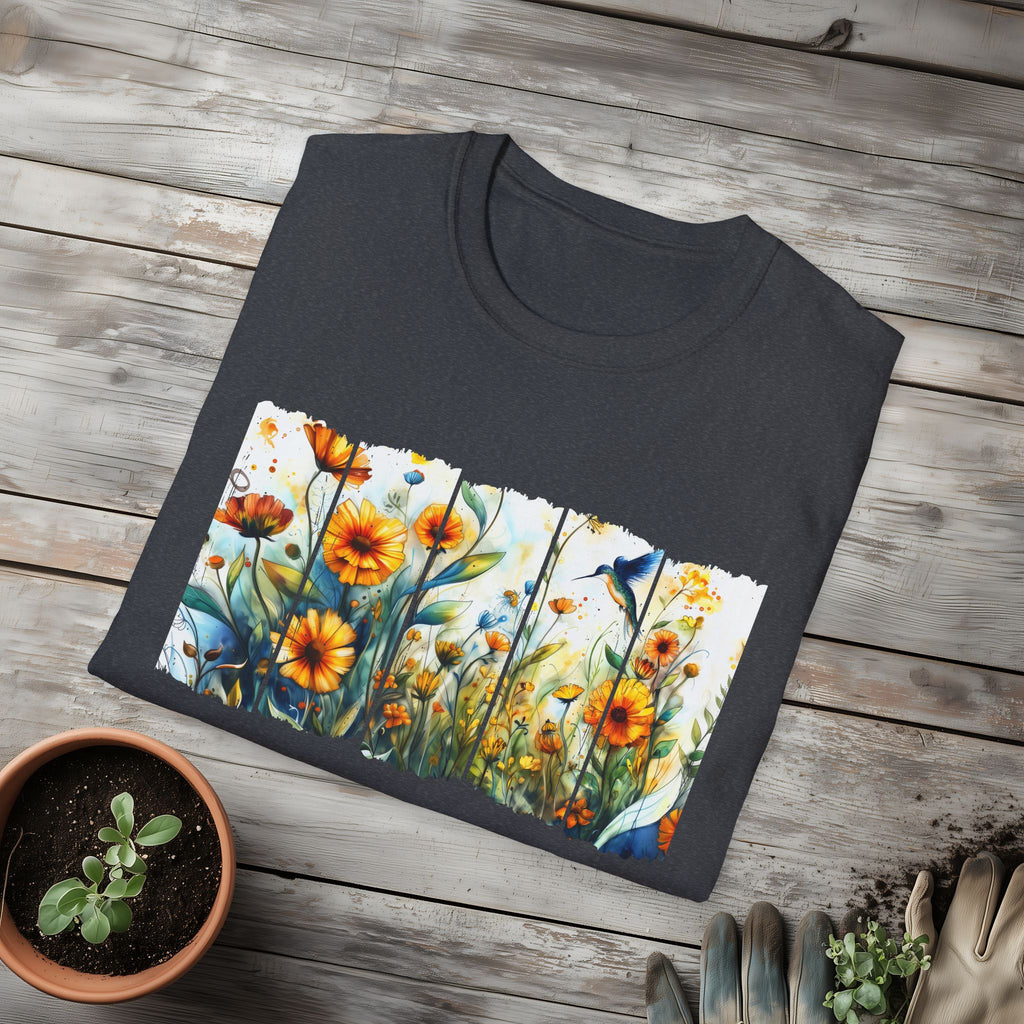 Hummingbird in Wildflowers Unisex T-Shirt for Gardeners, Nature Lovers, Bee Enthusiasts