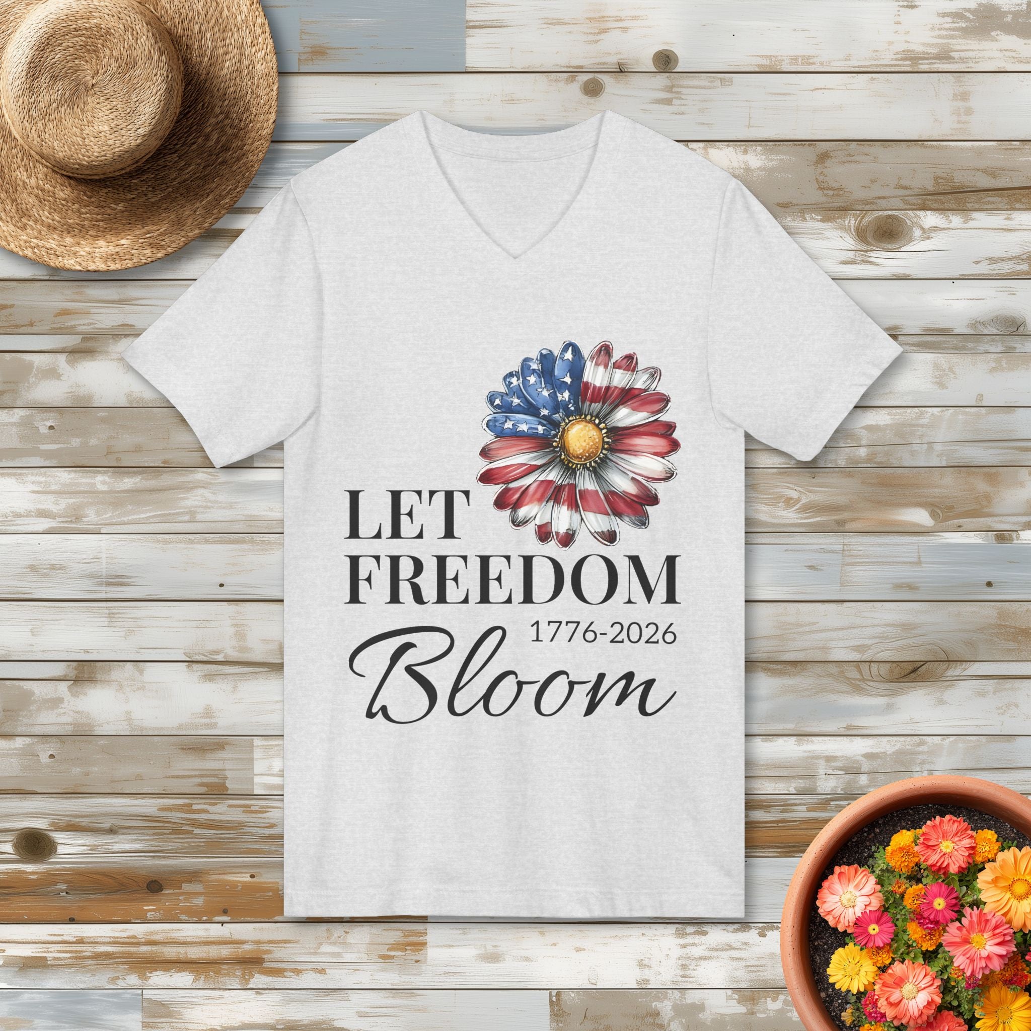 Let Freedom Bloom American Flag Daisy V-Neck T-Shirt