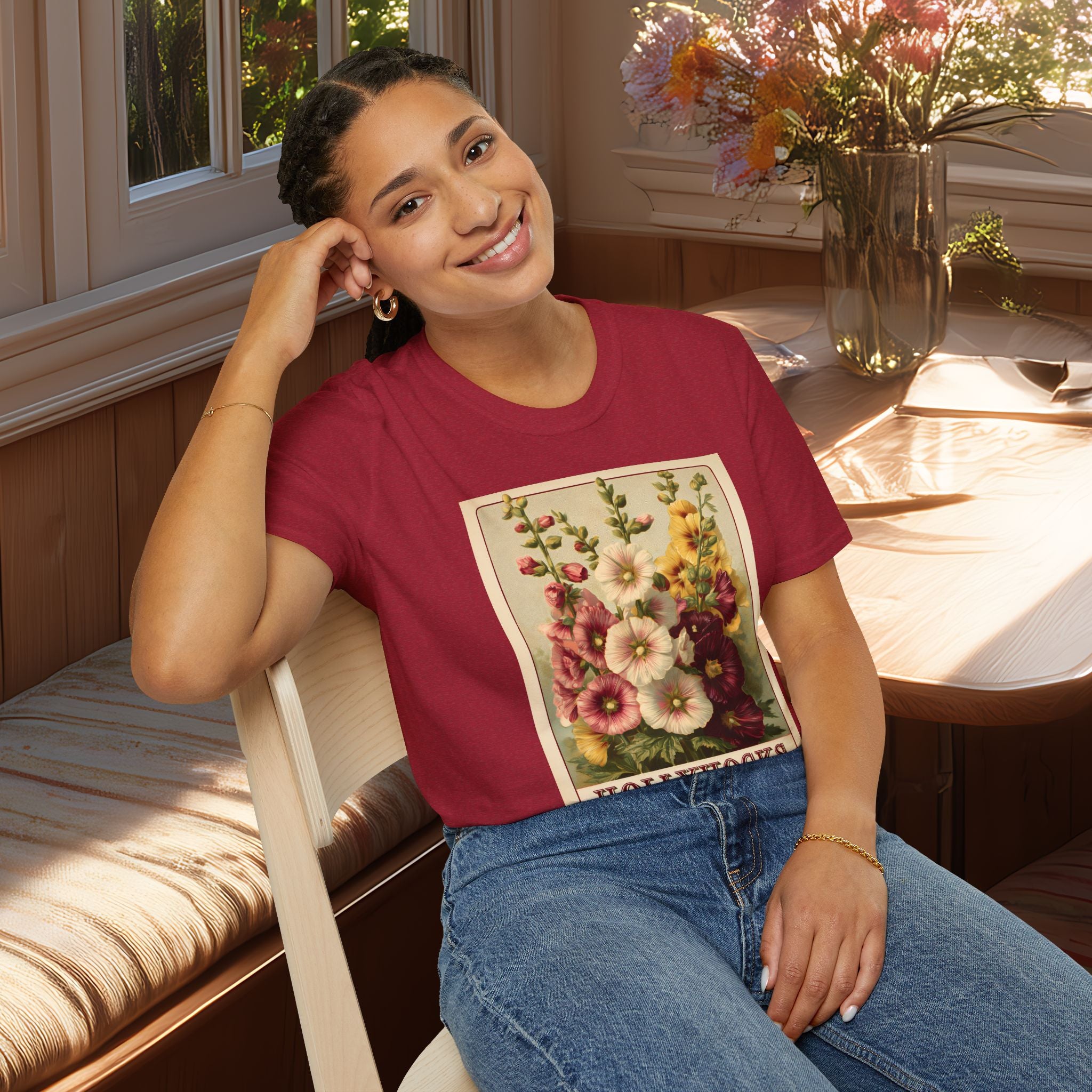 Vintage Hollyhock Seed Packet Unisex T-Shirt for Gardeners, Nature Lovers, Summer Casual Wear