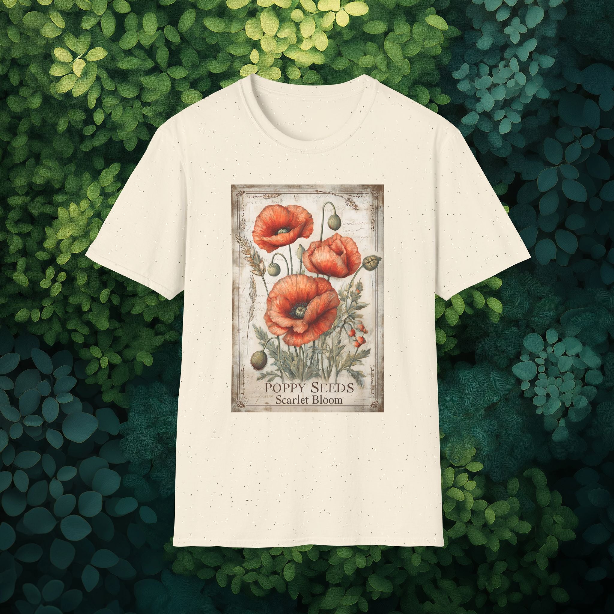 Vintage Scarlet Blooms Poppies Seed Packet Unisex T-Shirt for Gardeners, Nature Lovers, Summer Casual Wear