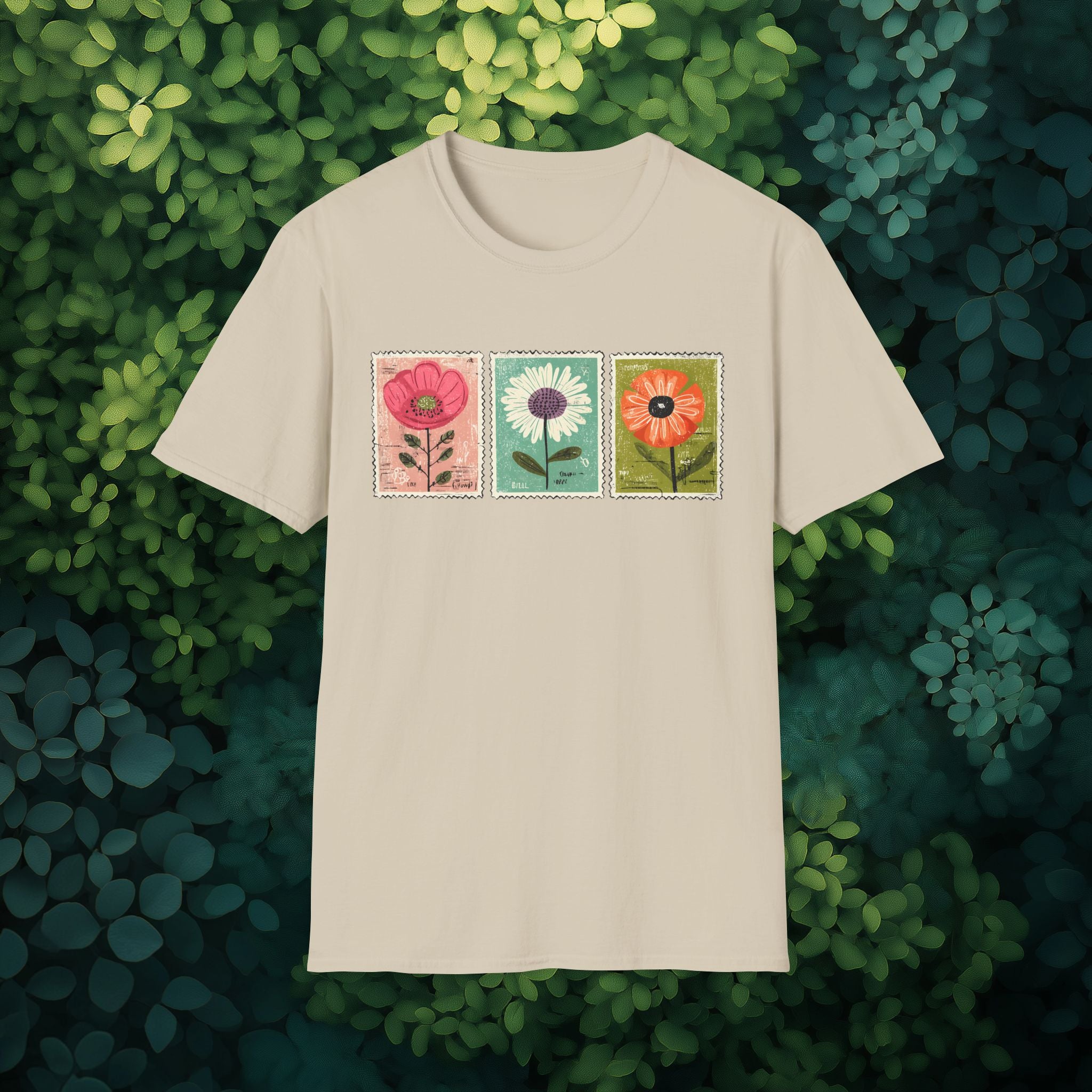 Charming Floral Stamp Trio T-Shirt for Gardeners