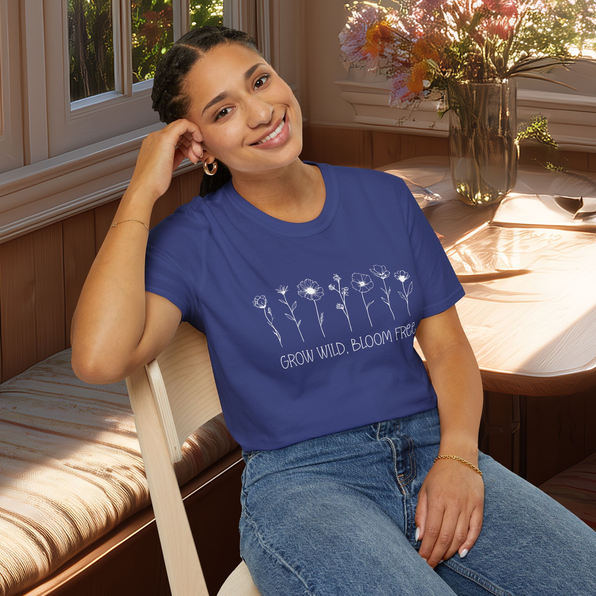 Grow Wild, Bloom Free Wildflower Line Art Motivational T-Shirt