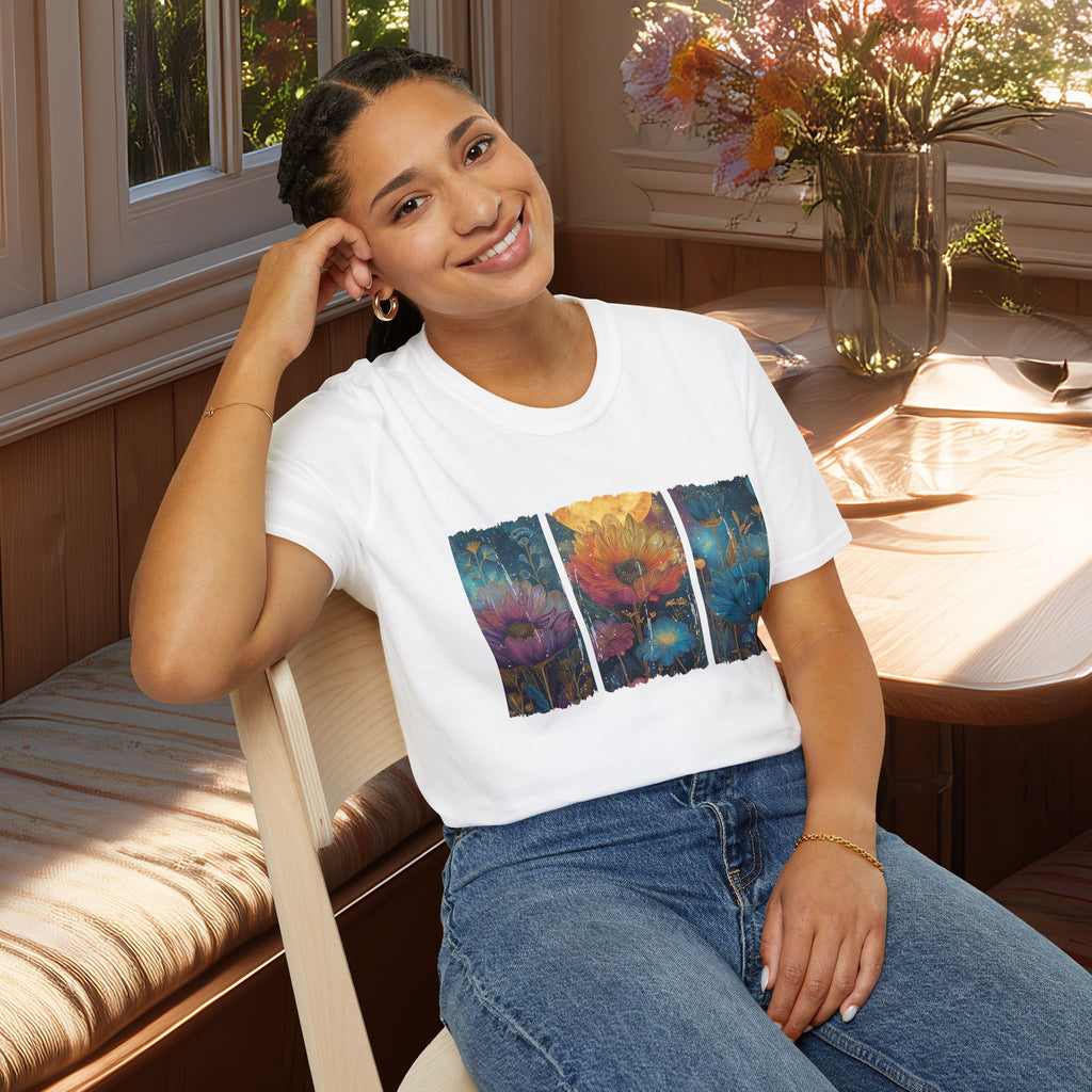 Floral  Brushstroke Triptych Unisex T-Shirt for Gardeners, Nature Lovers, Yoga Enthusiasts