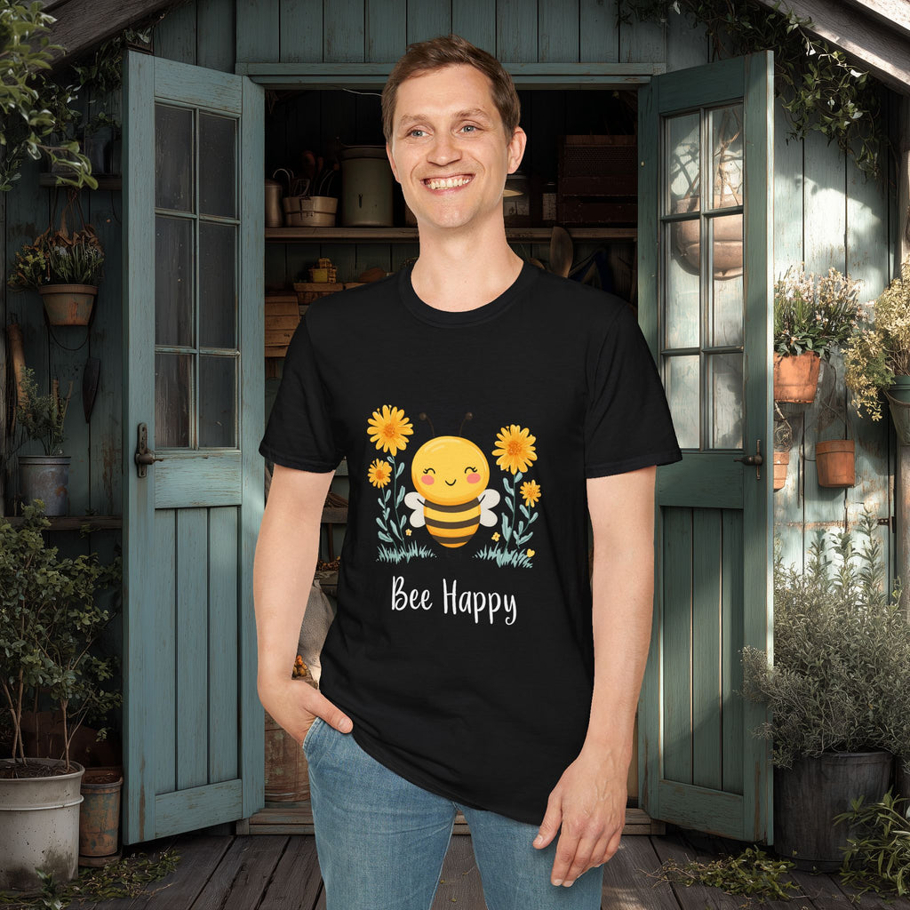 Cartoon Bee Happy Unisex T-Shirt for Gardeners, Nature Lovers, Bee Enthusiasts