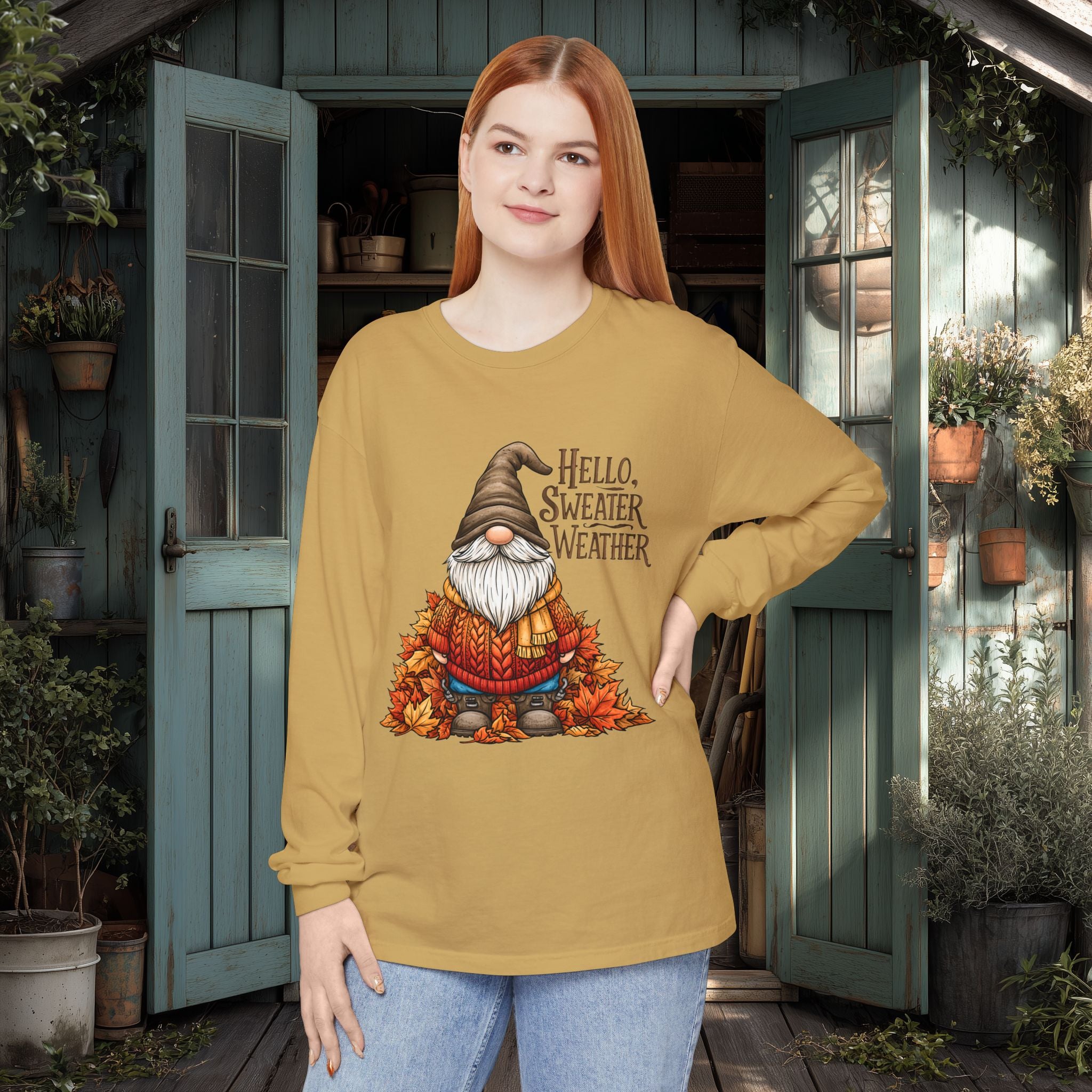 Hello Sweater Weather Garden Gnome Long Sleeve Tee