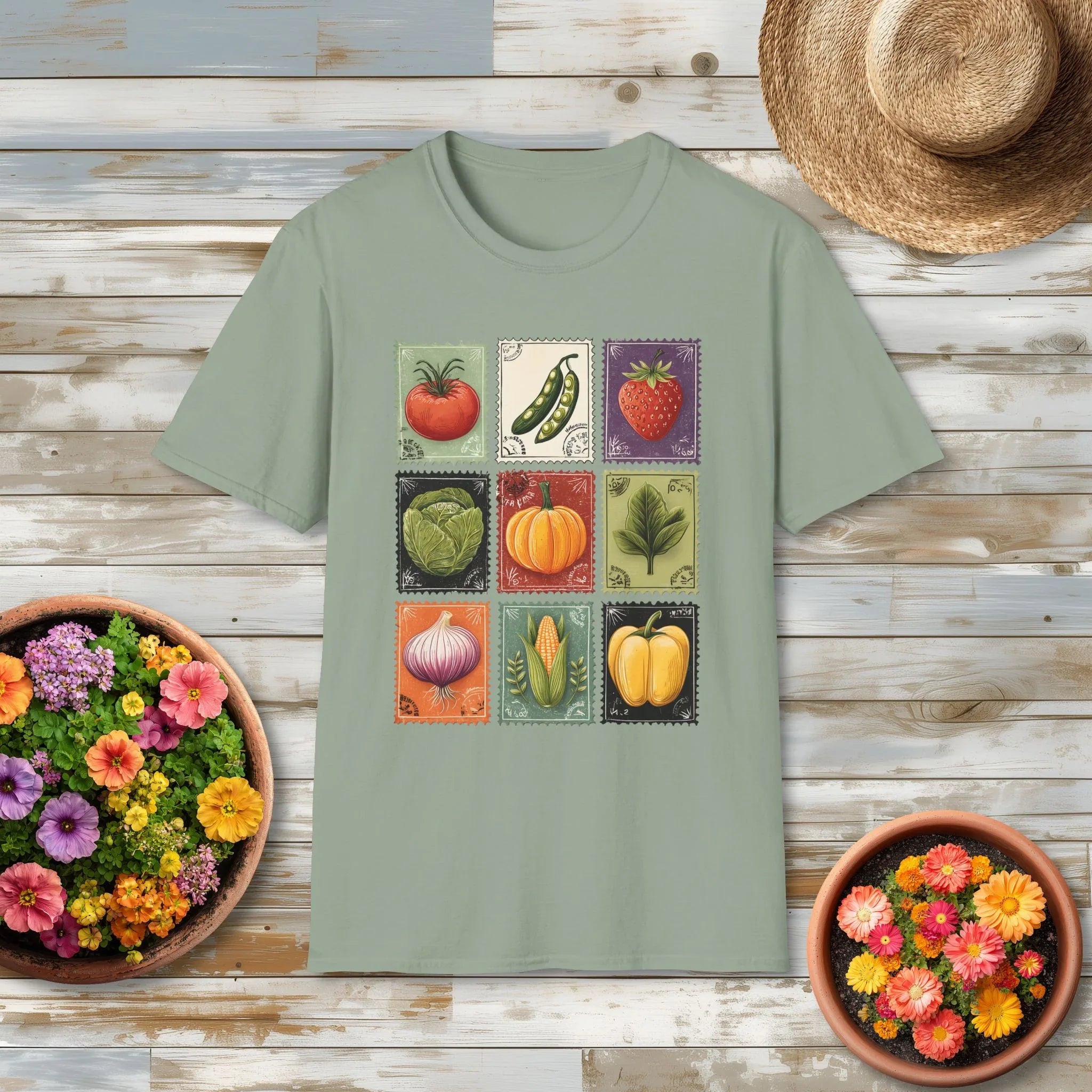 Garden Vegetable Postage Stamp Collage T-Shirt for Gardeners