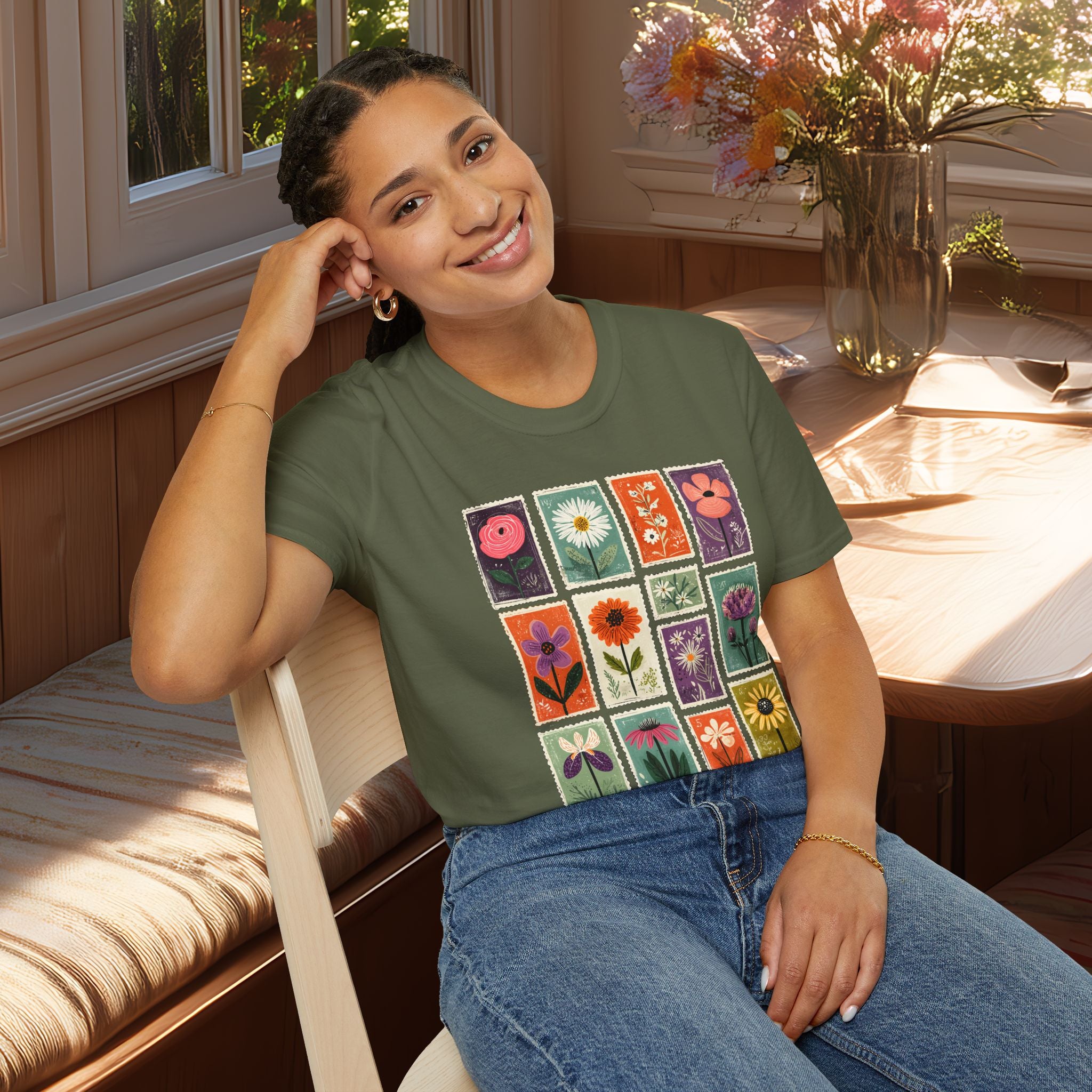 Charming Flower Stamp Collage T-Shirt for Gardeners