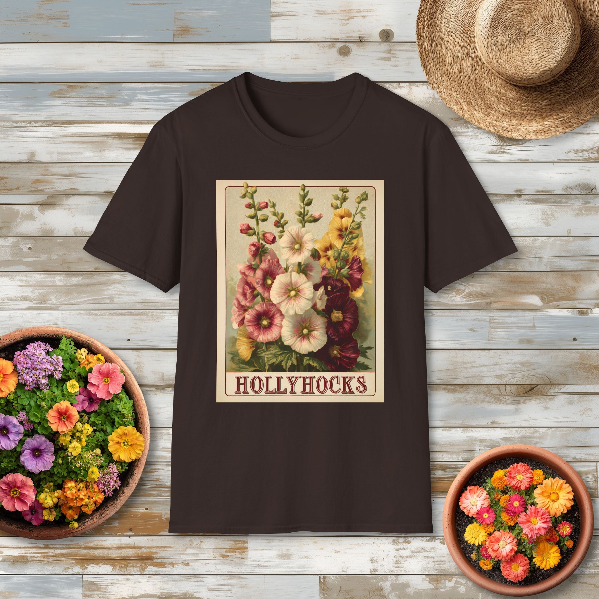 Vintage Hollyhock Seed Packet Unisex T-Shirt for Gardeners, Nature Lovers, Summer Casual Wear