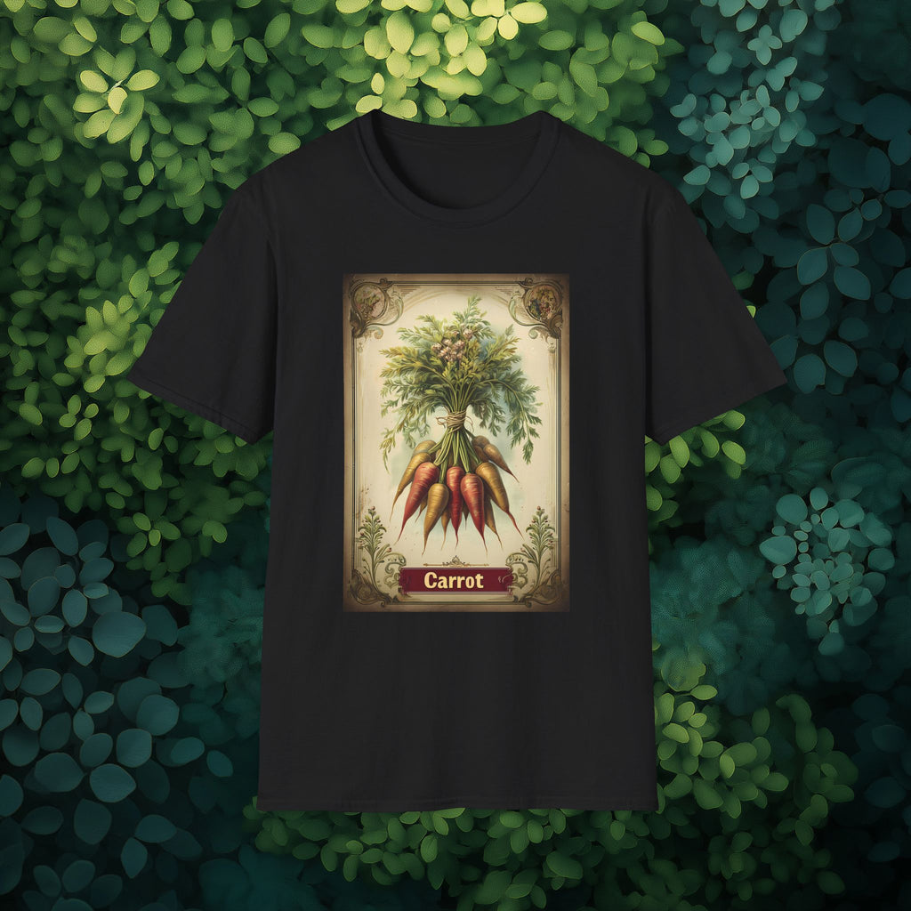 Retro Carrot Vegetable Seed Packet Unisex T-Shirt for Gardeners, Nature Lovers, Summer Casual Wear