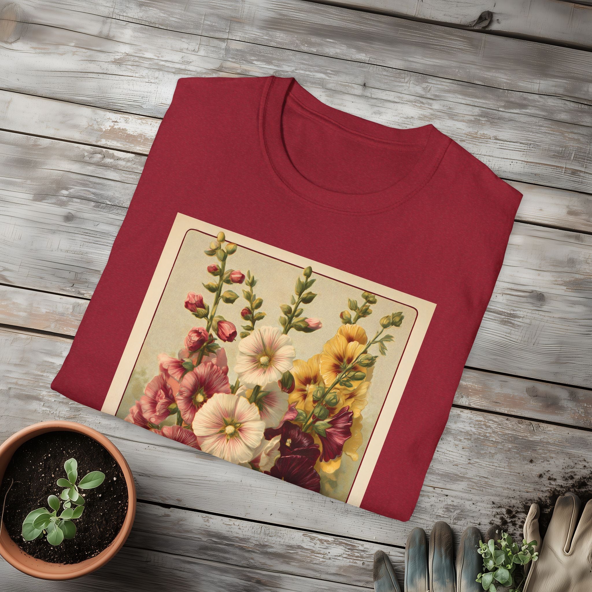 Vintage Hollyhock Seed Packet Unisex T-Shirt for Gardeners, Nature Lovers, Summer Casual Wear