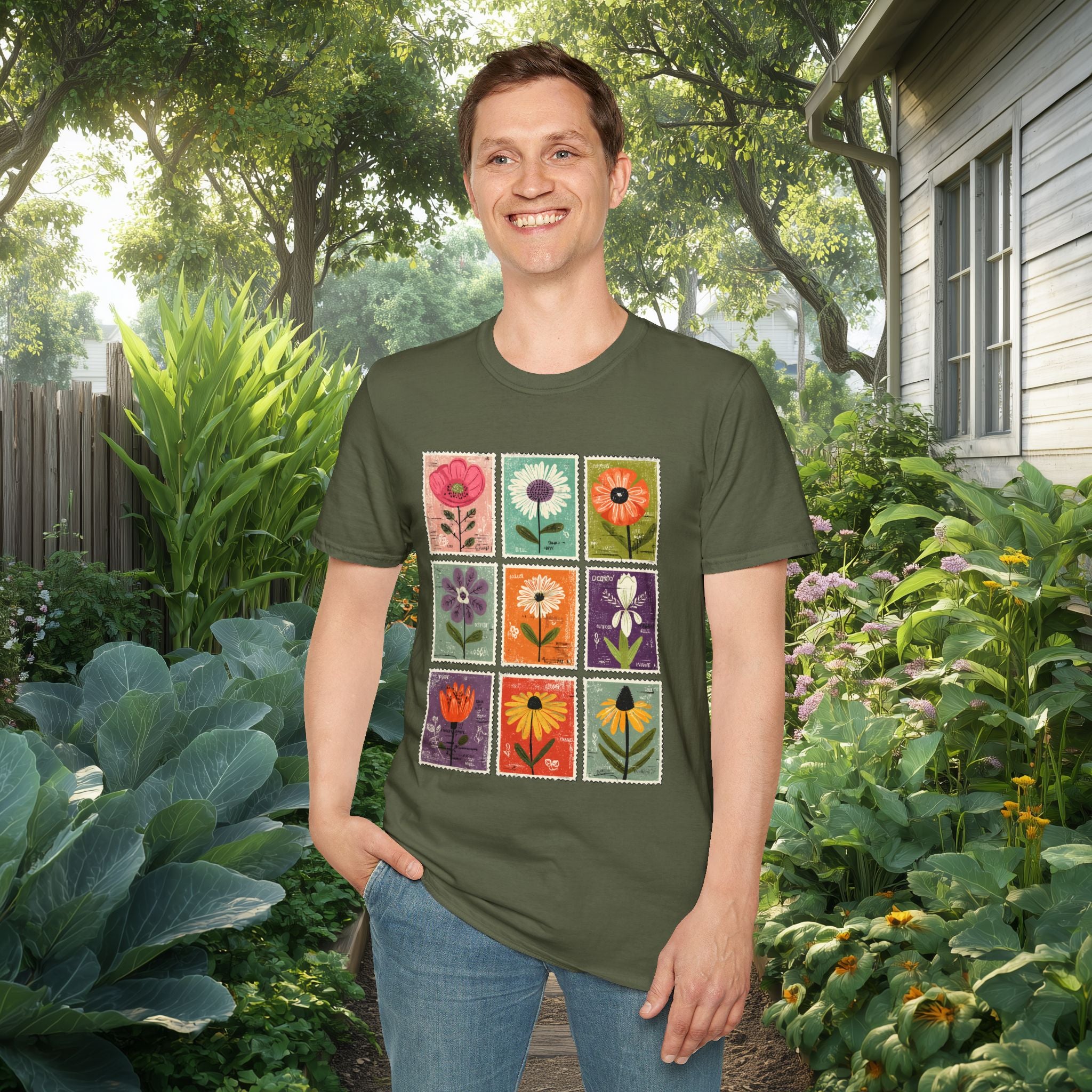 Whimsical Flower Stamp Collage T-Shirt for Gardeners