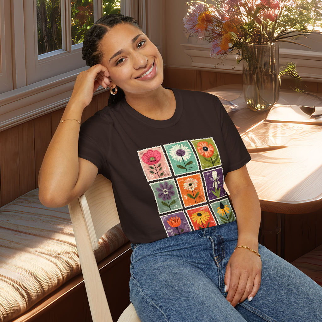Whimsical Flower Stamp Collage T-Shirt for Gardeners