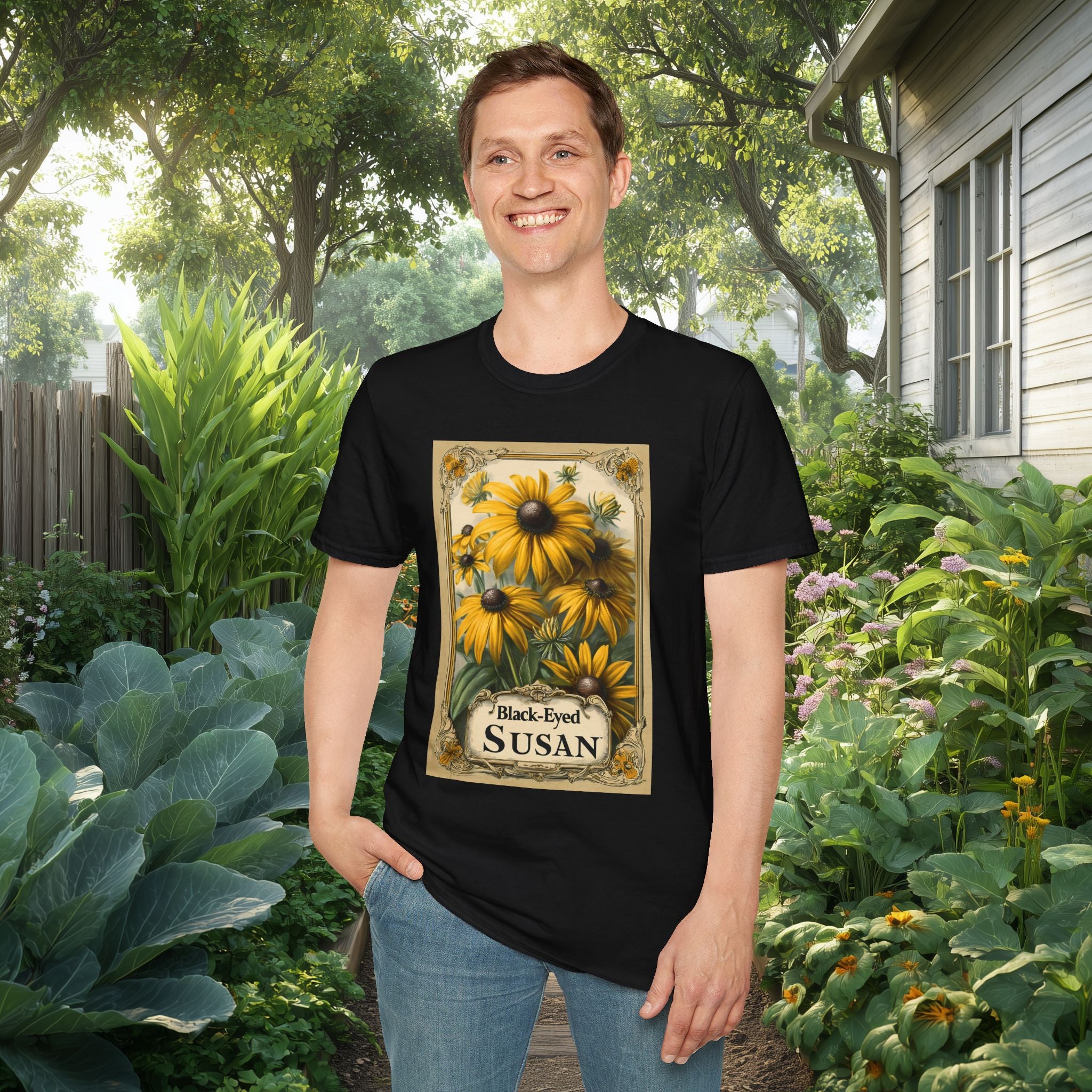 Vintage Black Eyed Susan Seed Packet Unisex T-Shirt for Gardeners, Nature Lovers