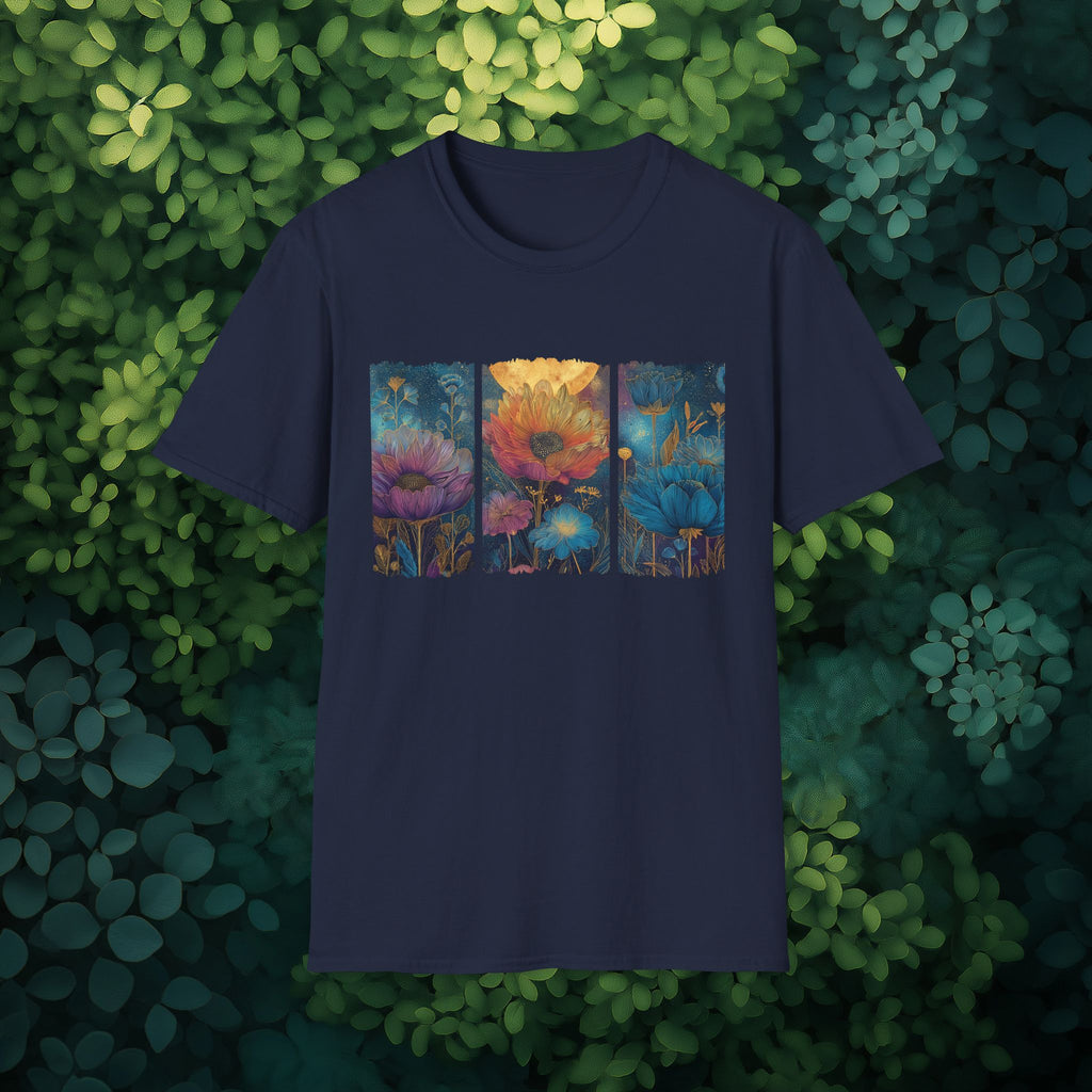 Floral  Brushstroke Triptych Unisex T-Shirt for Gardeners, Nature Lovers, Yoga Enthusiasts