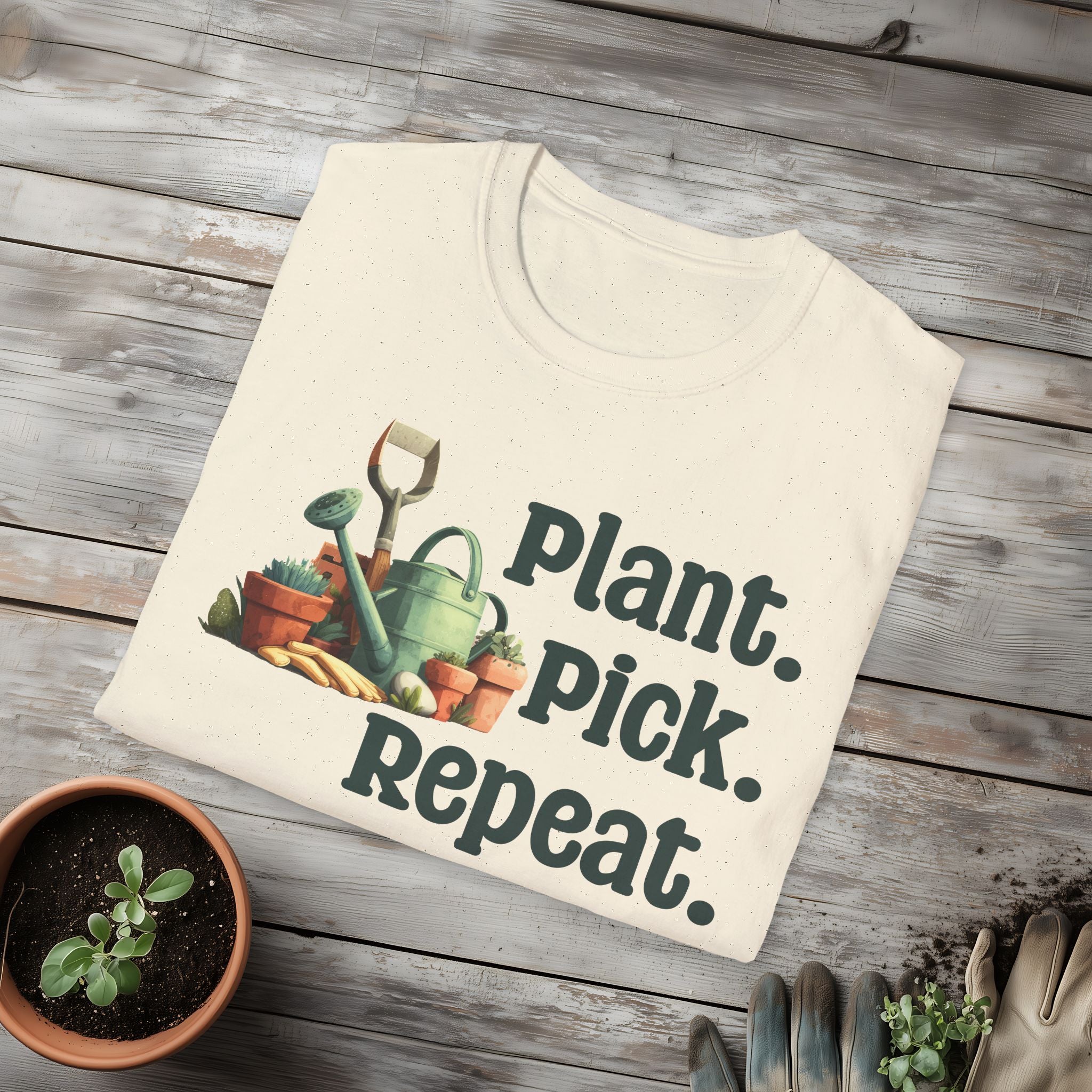 Plant Pick Repeat, Cartoon Gardener T-Shirt