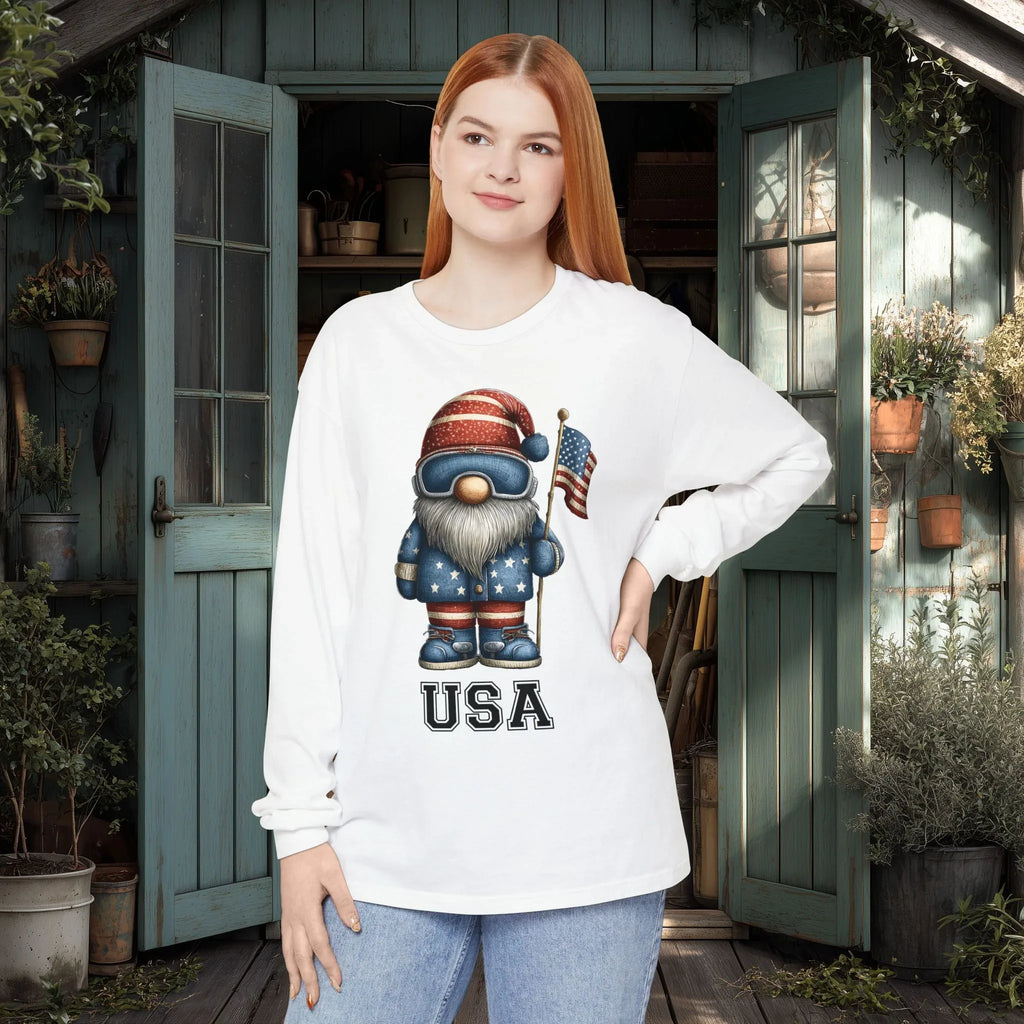 USA Gnome Shirt – Patriotic Winter Sports Long Sleeve Tee