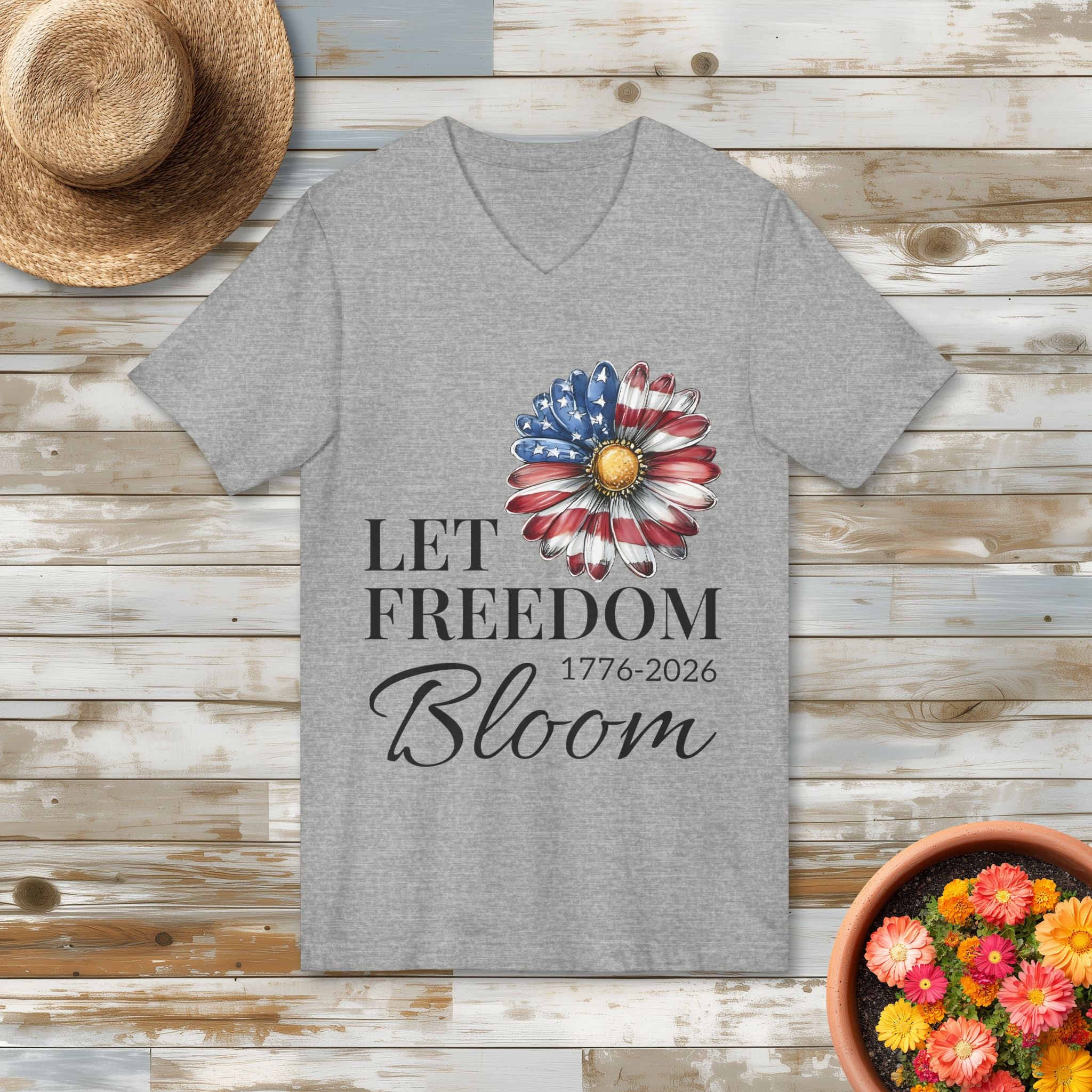 Let Freedom Bloom American Flag Daisy V-Neck T-Shirt