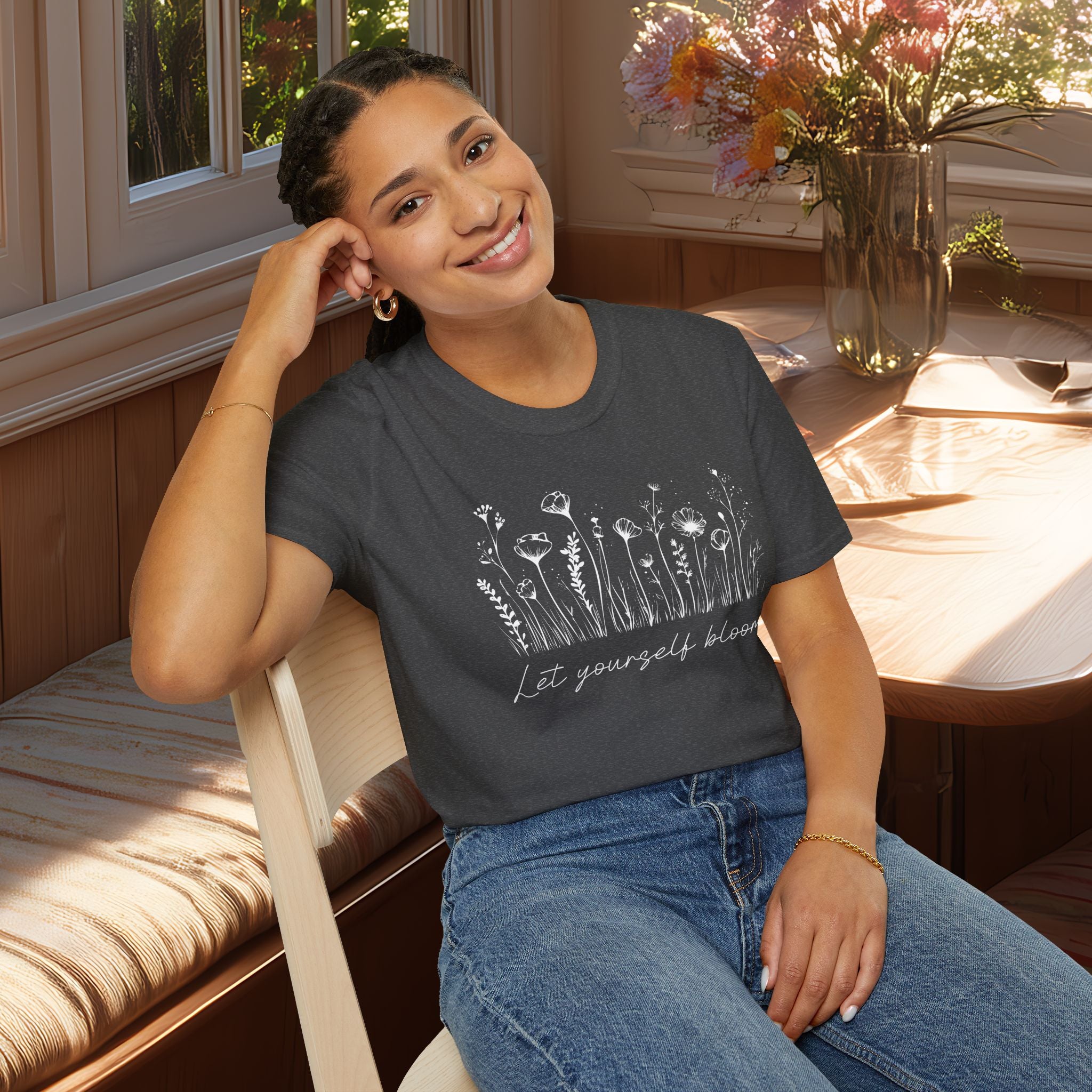 Let Yourself Bloom Motivational Wildflower Line Art T-Shirt