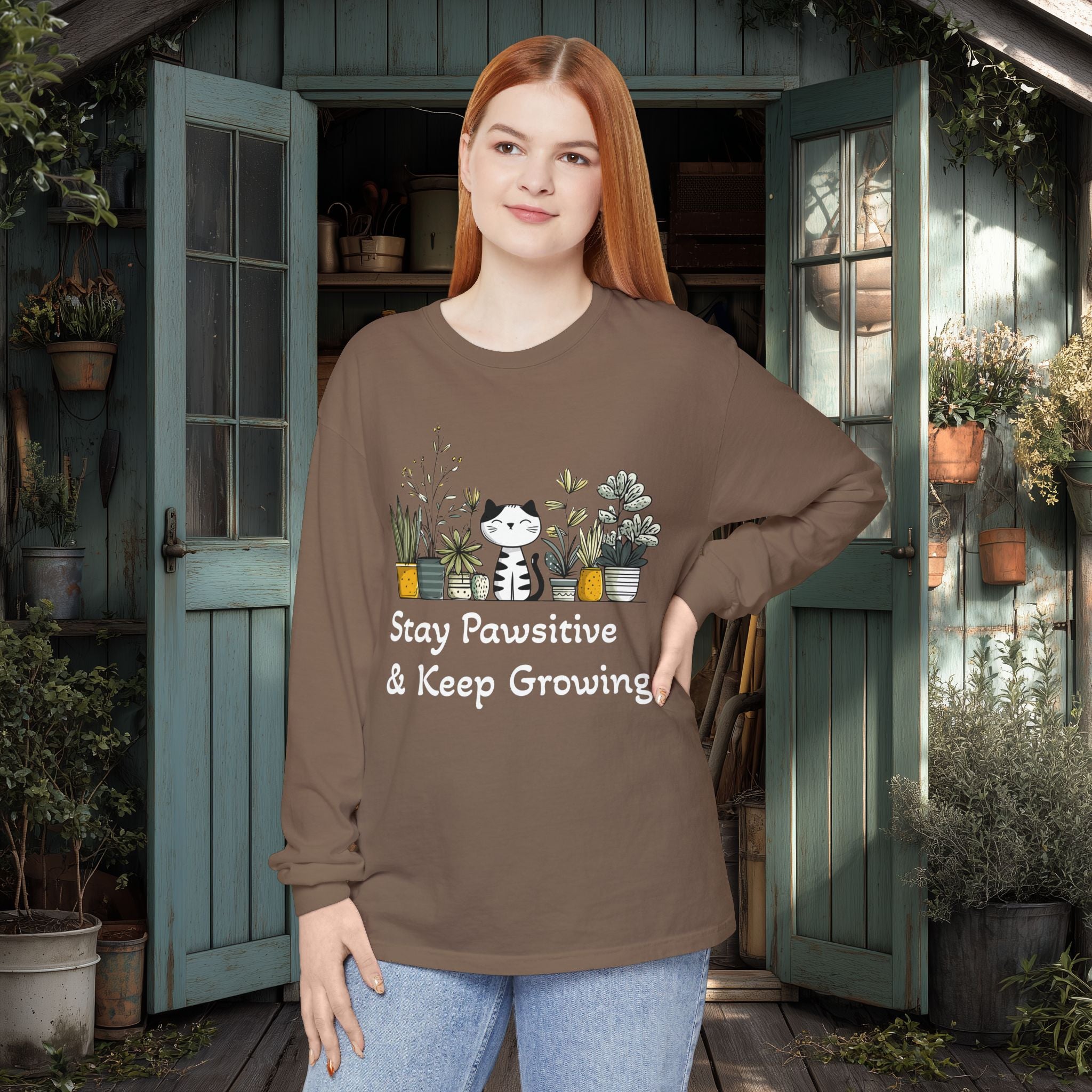 Stay Pawsitive & Keep Growing Cat Lover Long Sleeve T-Shirt
