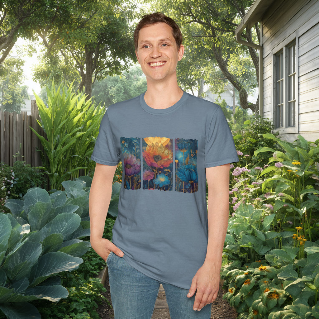 Floral  Brushstroke Triptych Unisex T-Shirt for Gardeners, Nature Lovers, Yoga Enthusiasts