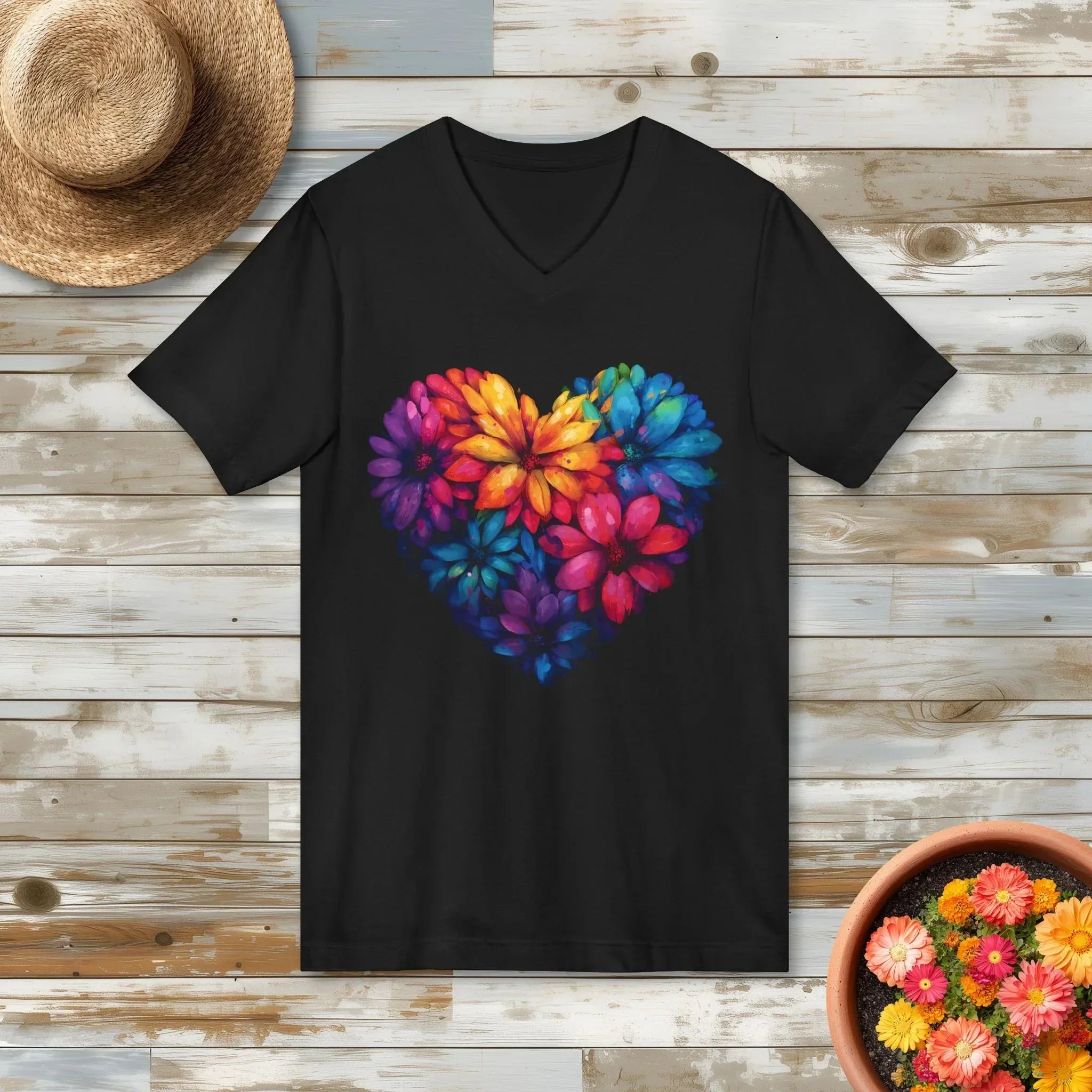 Rainbow Psychedelic Floral Heart V-Neck T-Shirt