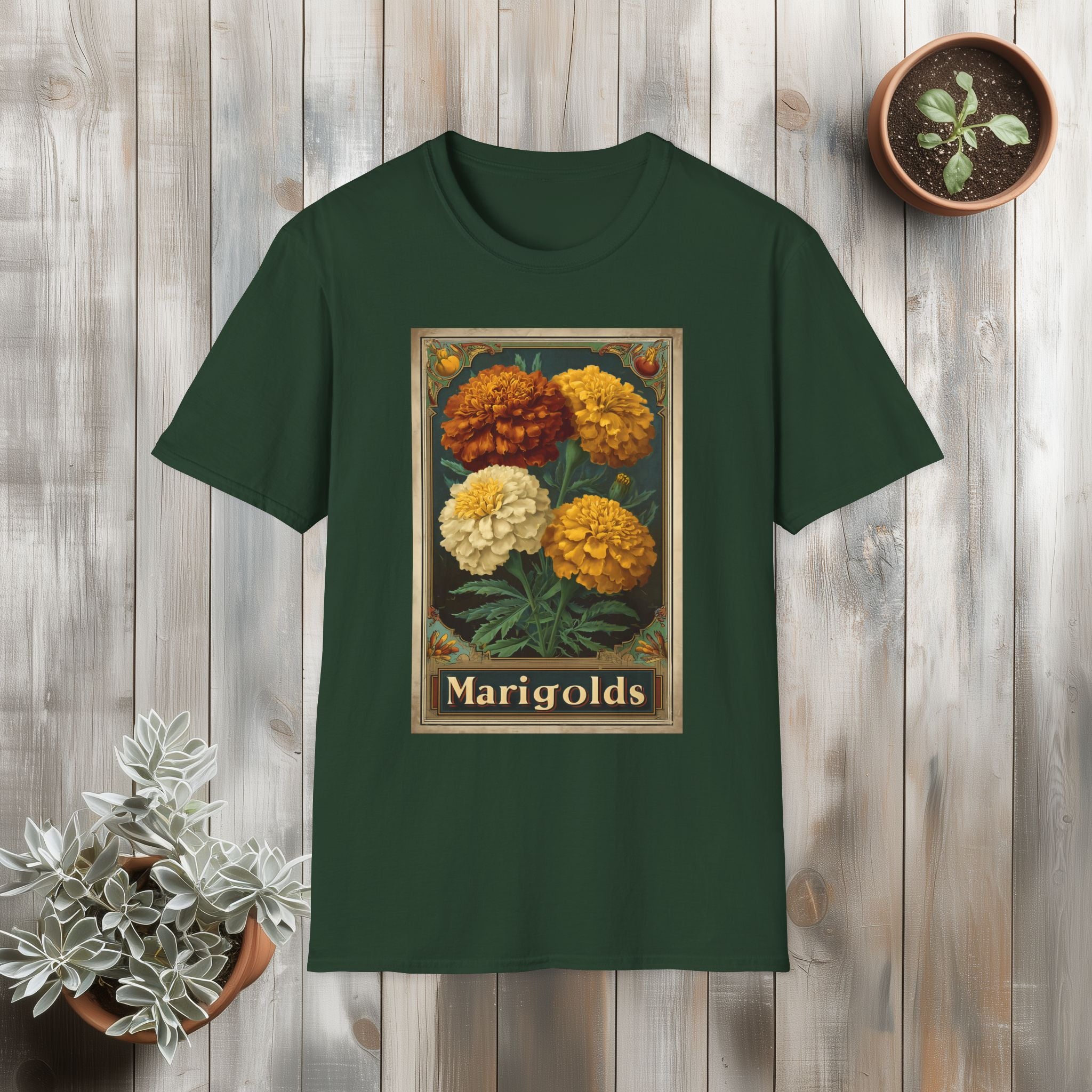 Vintage Marigolds Seed Packet Unisex T-Shirt for Gardeners, Nature Lovers
