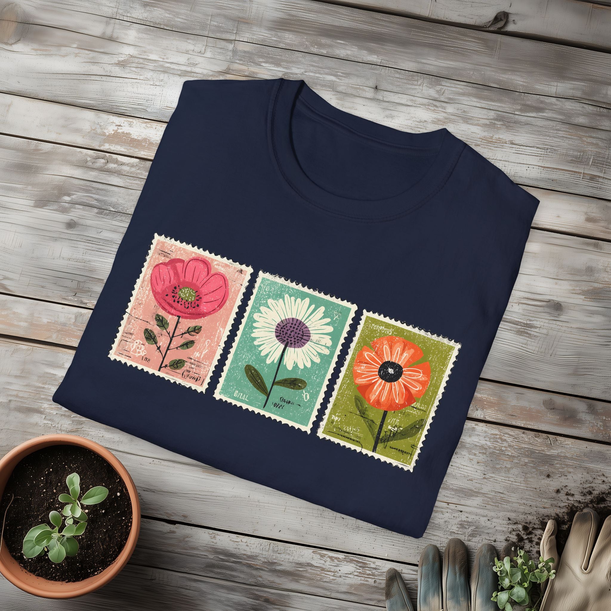 Charming Floral Stamp Trio T-Shirt for Gardeners
