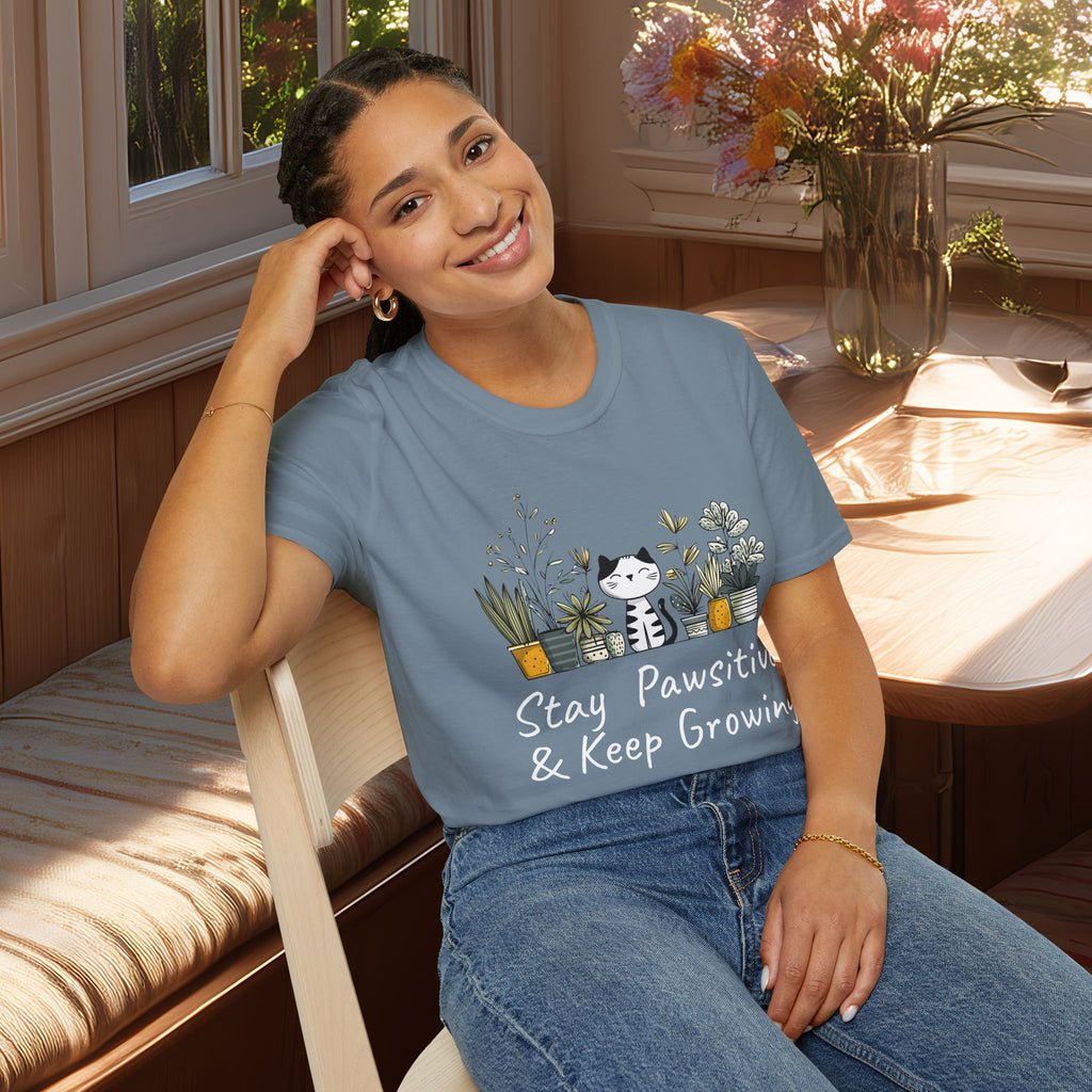 Stay Pawsitive & Keep Growing Cat and Plants T-Shirt