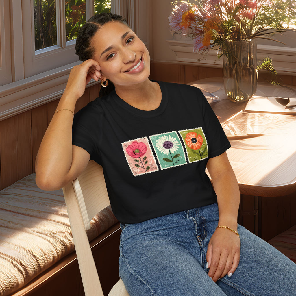 Charming Floral Stamp Trio T-Shirt for Gardeners