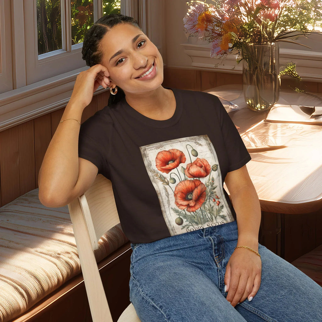 Scarlet Blooms Poppies Vintage Seed Packet T-Shirt for Gardeners