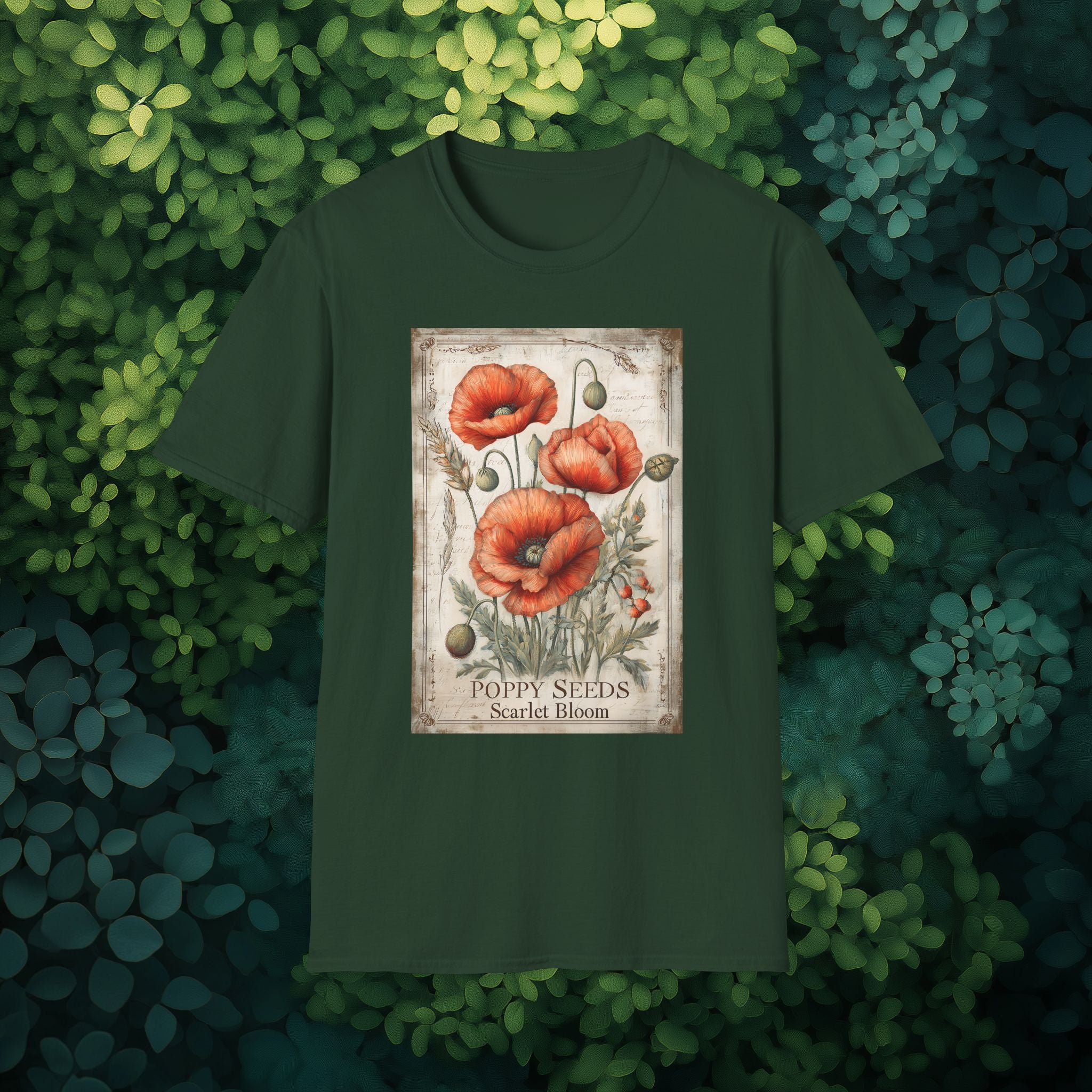 Vintage Scarlet Blooms Poppies Seed Packet Unisex T-Shirt for Gardeners, Nature Lovers, Summer Casual Wear