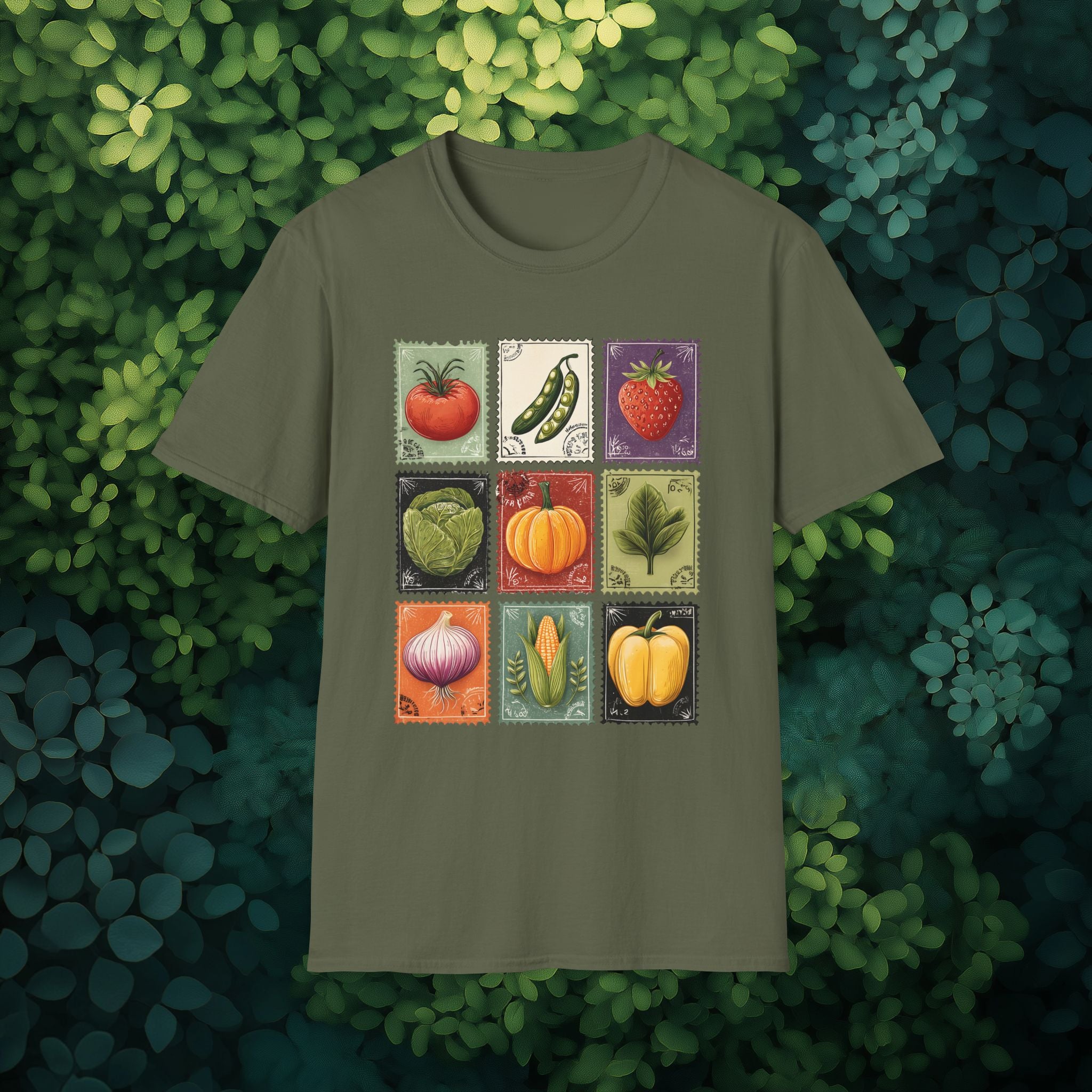 Vintage Garden Vegetable Stamp Collage T-Shirt for Gardeners