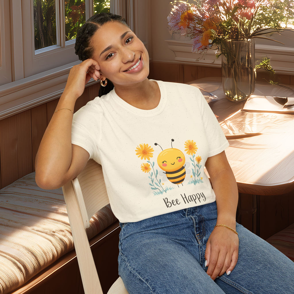 Cartoon Bee Happy Unisex T-Shirt for Gardeners, Nature Lovers, Bee Enthusiasts