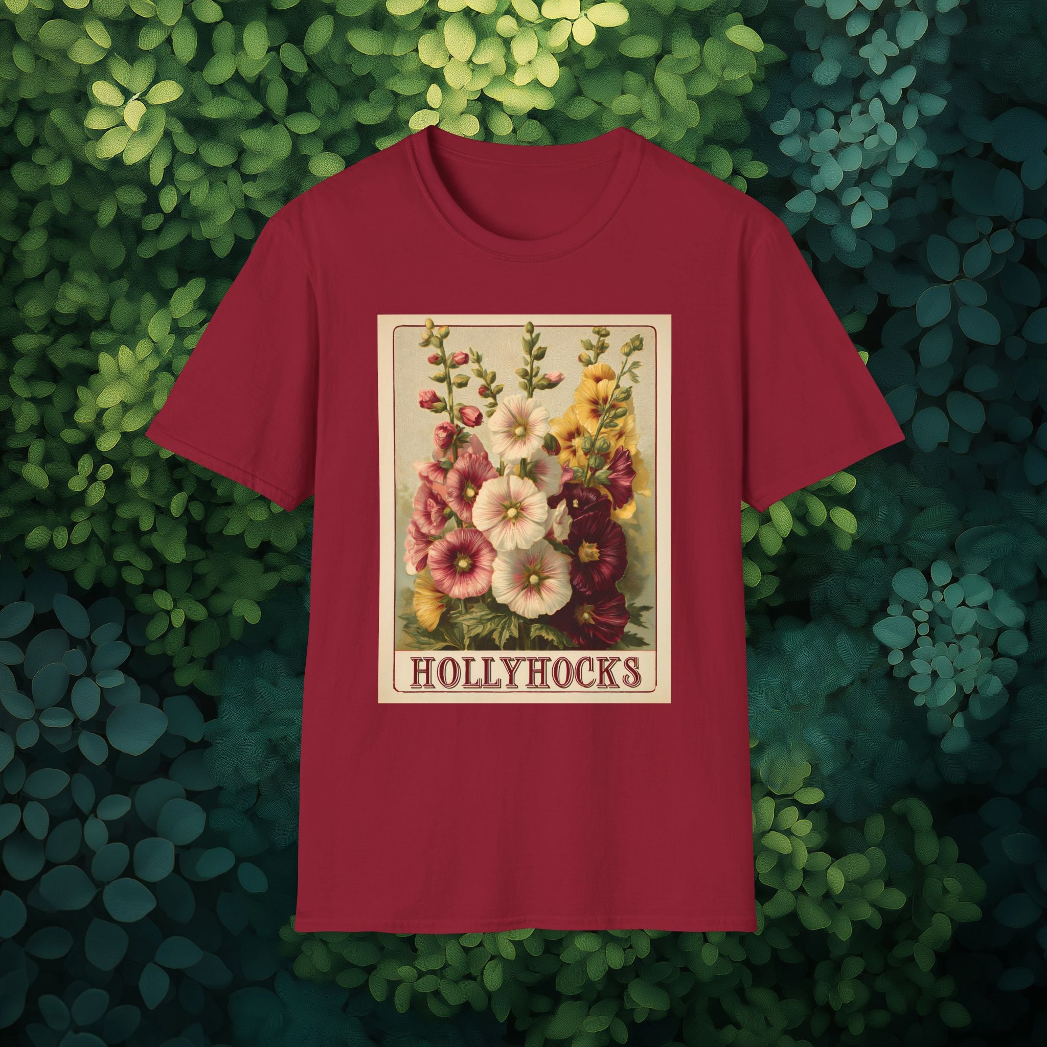 Vintage Hollyhock Seed Packet Unisex T-Shirt for Gardeners, Nature Lovers, Summer Casual Wear