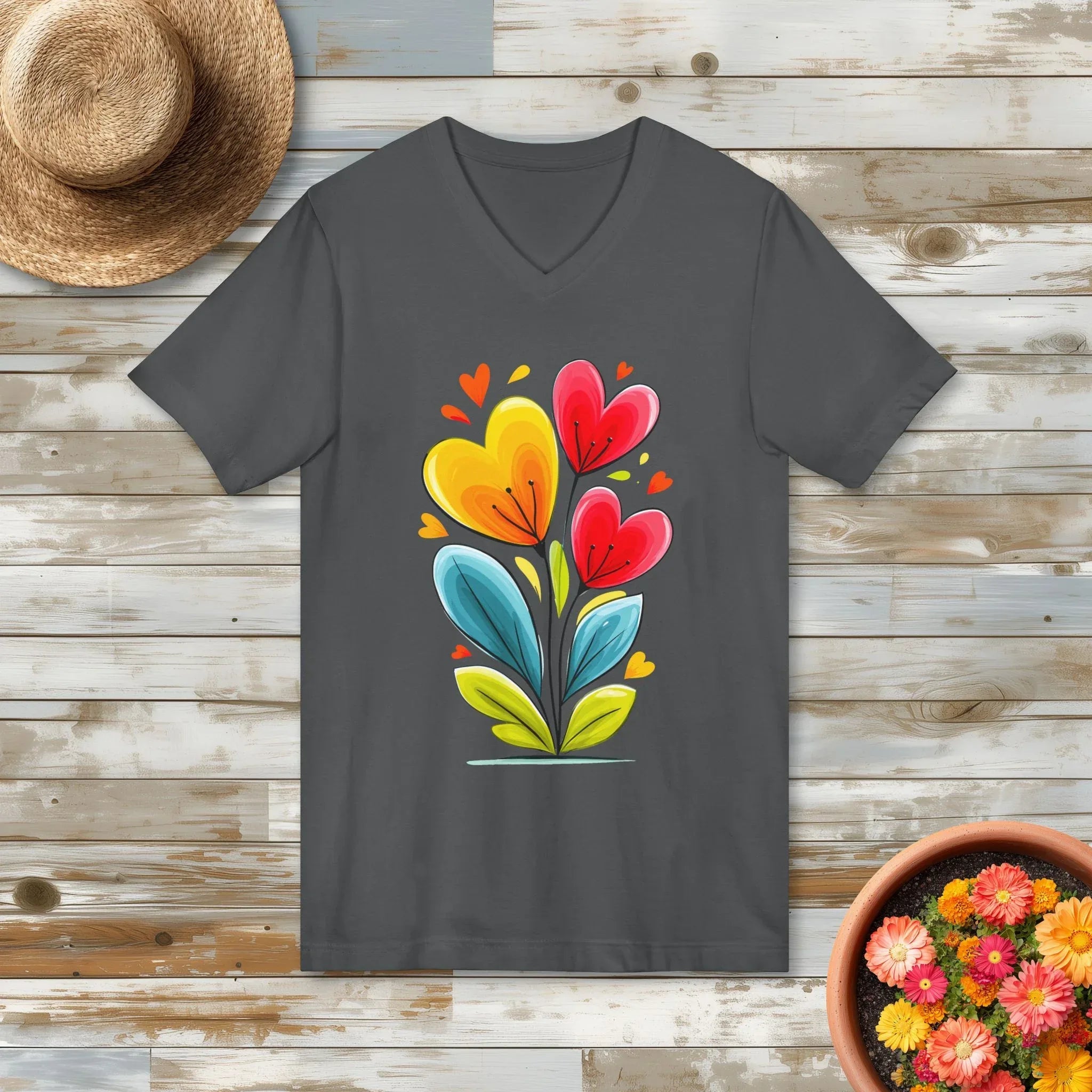 Vibrant Floral Heart Garden V-Neck T-Shirt for Flower Lovers