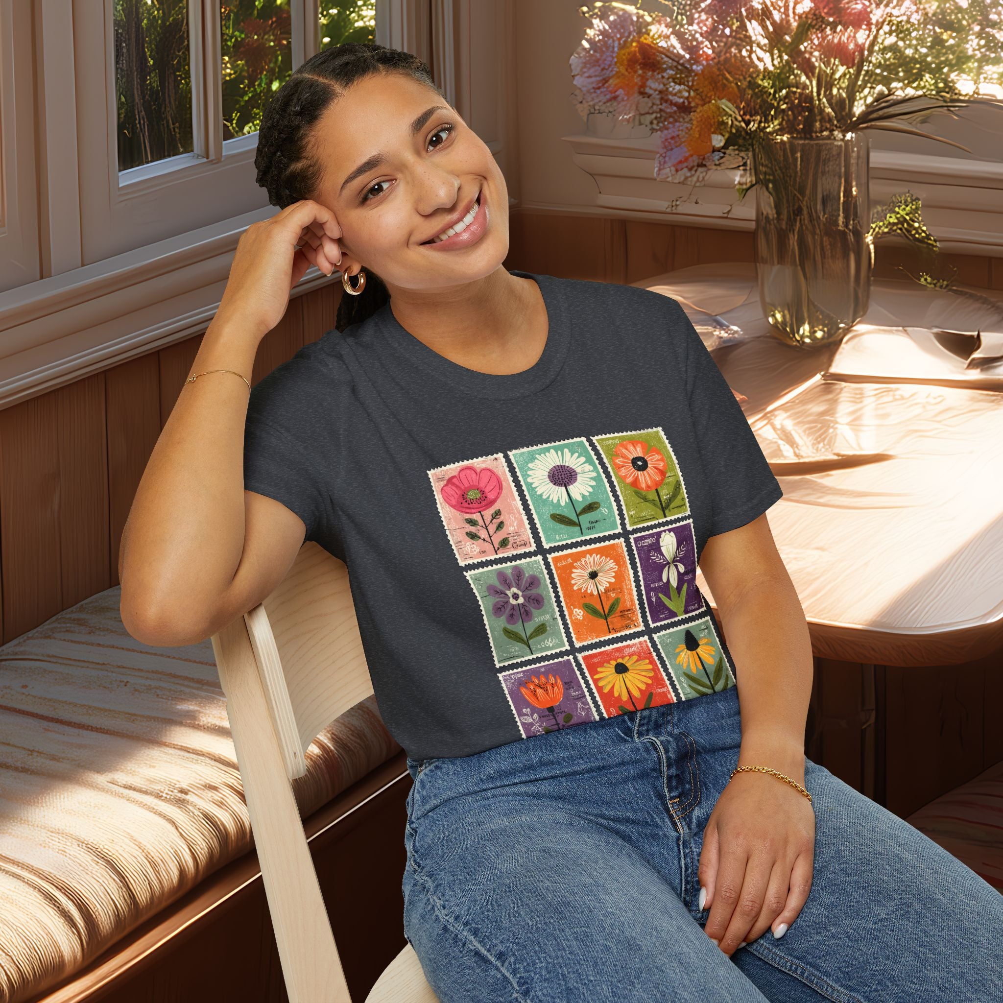 Whimsical Flower Stamp Collage T-Shirt for Gardeners